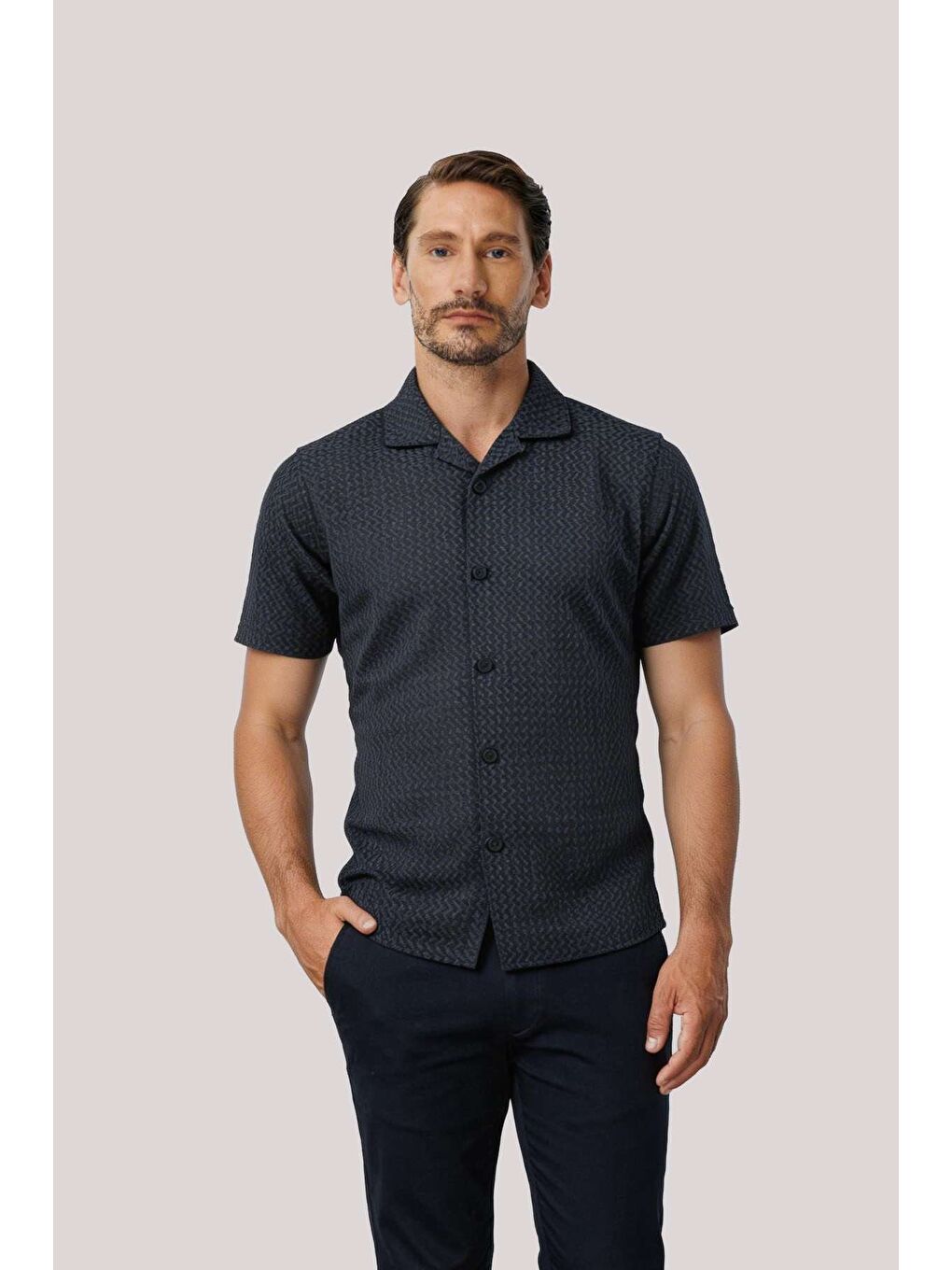 Erkek Mavi Desenli Kamp Yaka Gömlek – Ve Modern Yazlık
