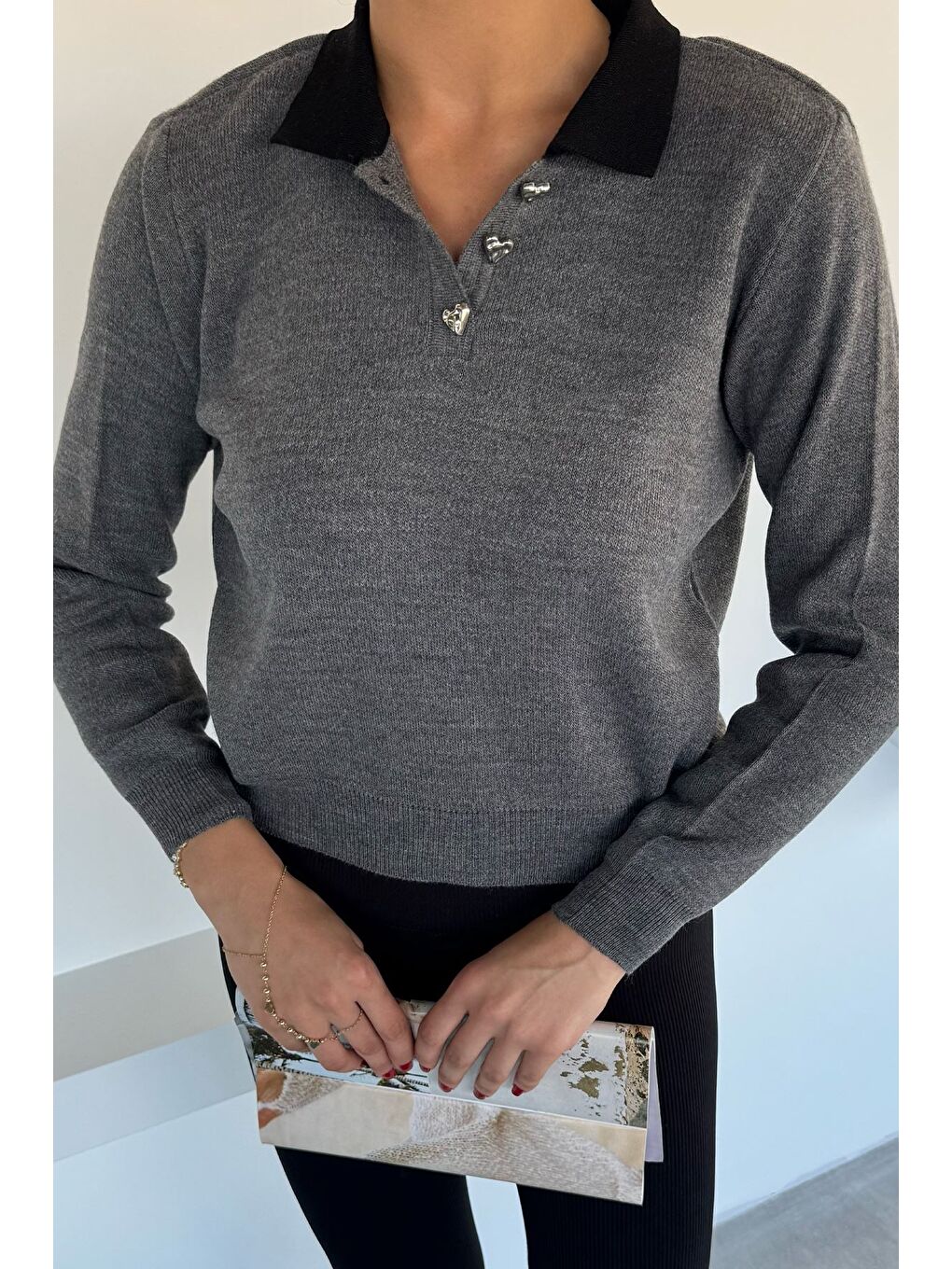 Antrasit Kadın Yarım Düğmeli Triko Kazak-2