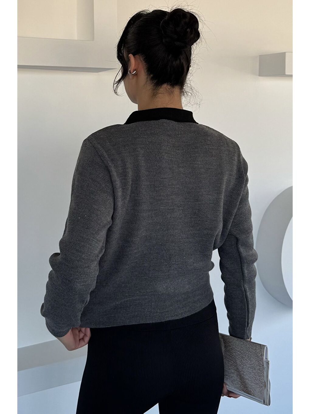 Antrasit Kadın Yarım Düğmeli Triko Kazak-3