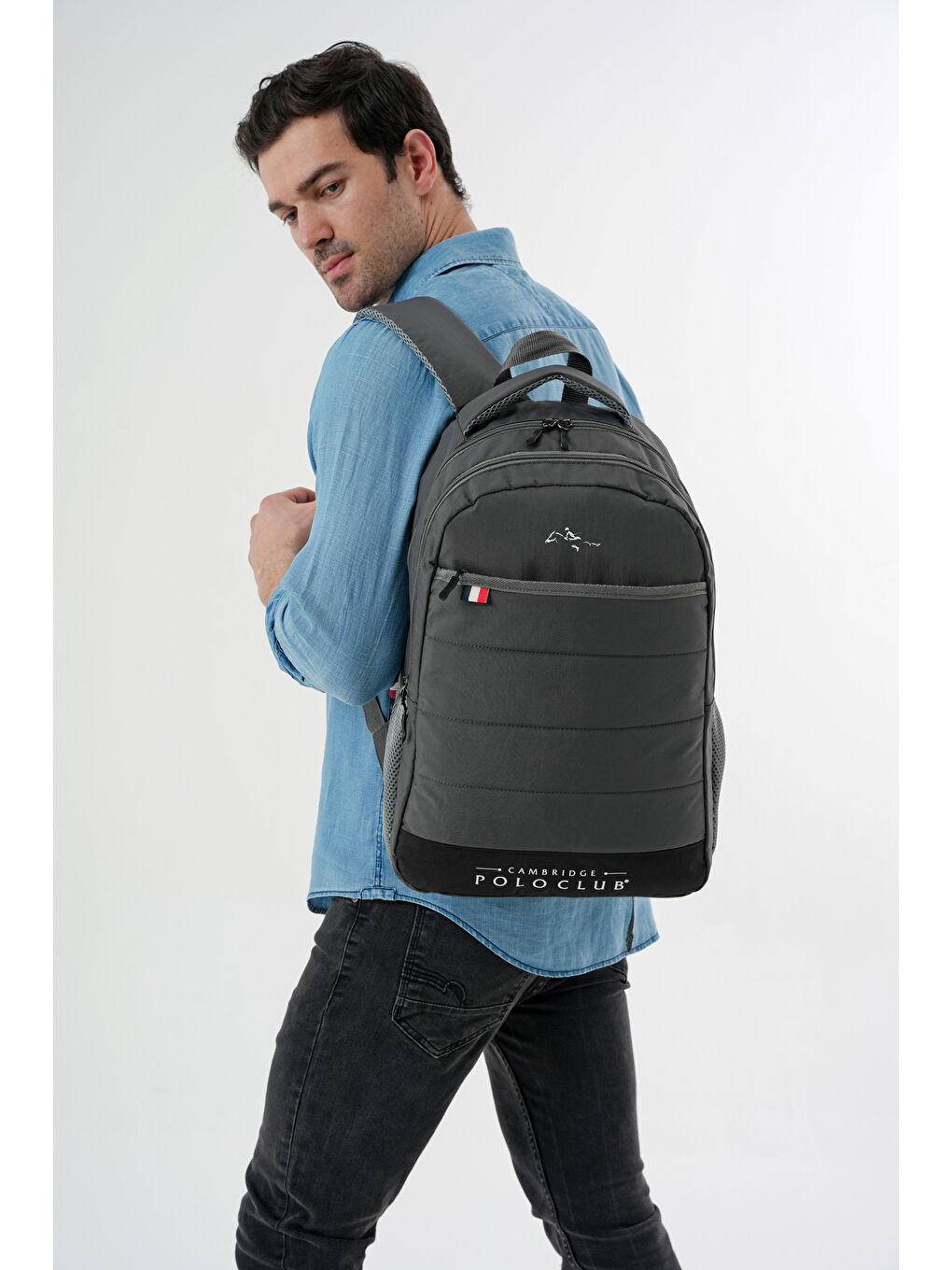 Gri Minimalist Tasarım Unisex Çok Gözlü Sırt Çantası-6