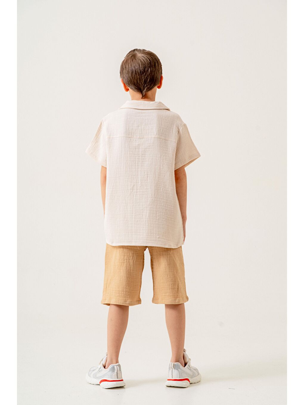 Karışık Erkek Çocuk Pamuklu Müslin Palmiye Nakışlı Gömlek Ve Karamel Şort İkili Takım-1