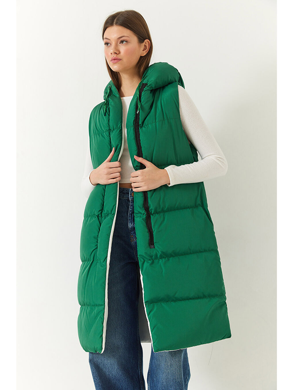 Yeşil Kadın Çift Taraflı Uzun Kapüşonlu Kolsuz Şişme Yelek-2