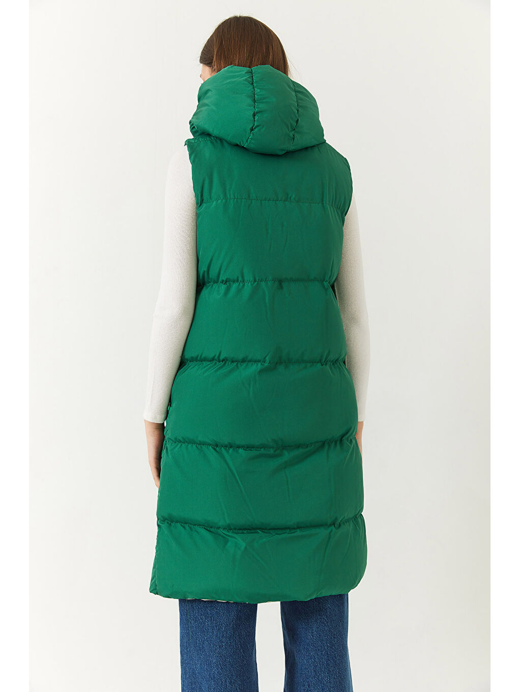 Yeşil Kadın Çift Taraflı Uzun Kapüşonlu Kolsuz Şişme Yelek-4