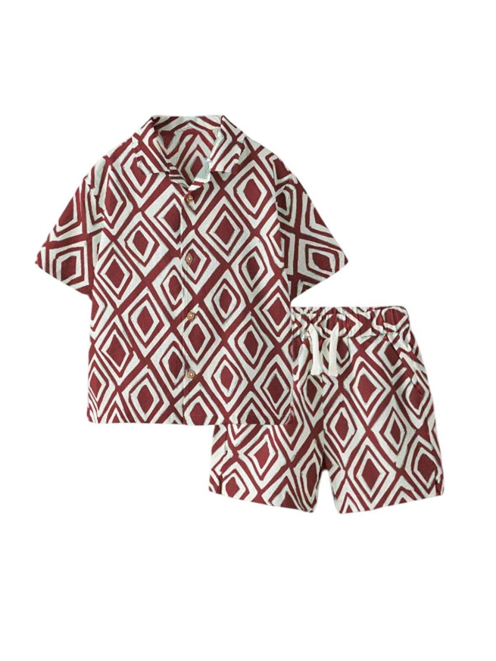 Bordo Erkek Çocuk Pamuklu Geometrik Desenli Şortlu Gömlek Takım – Yazlık Rahat Kesim-4