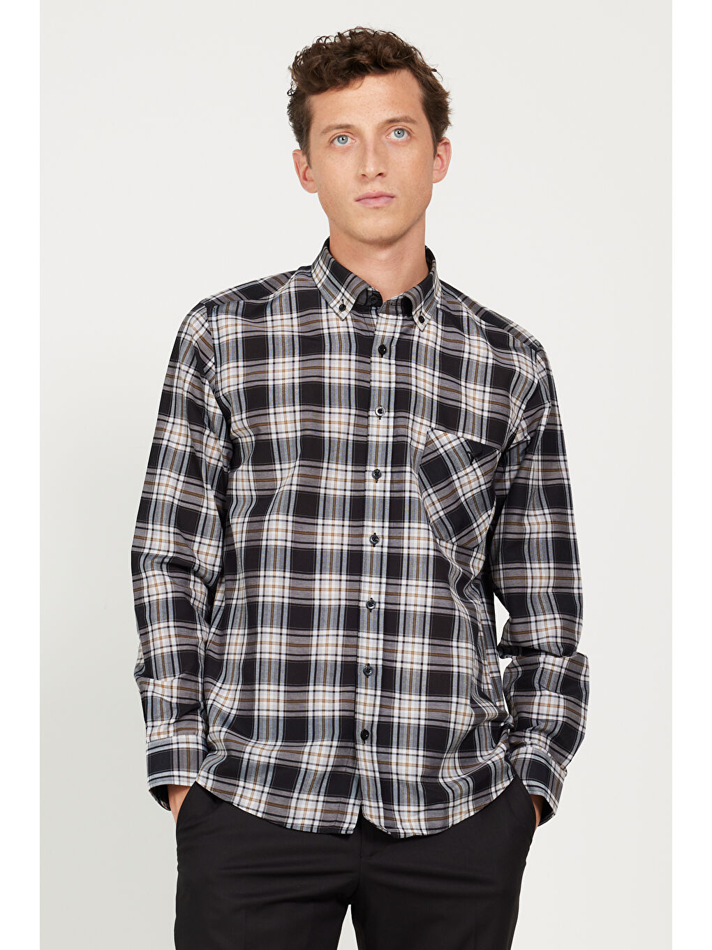 Erkek Siyah-Kahverengi Slim Fit Dar Kesim Düğmeli Yaka Pamuklu Gömlek-2