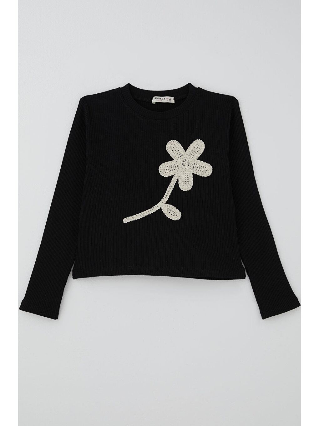 Kız Çocuk Uzun Kollu Tişört Örgü Çiçek Aplikeli Siyah (6-12 Yaş)-4