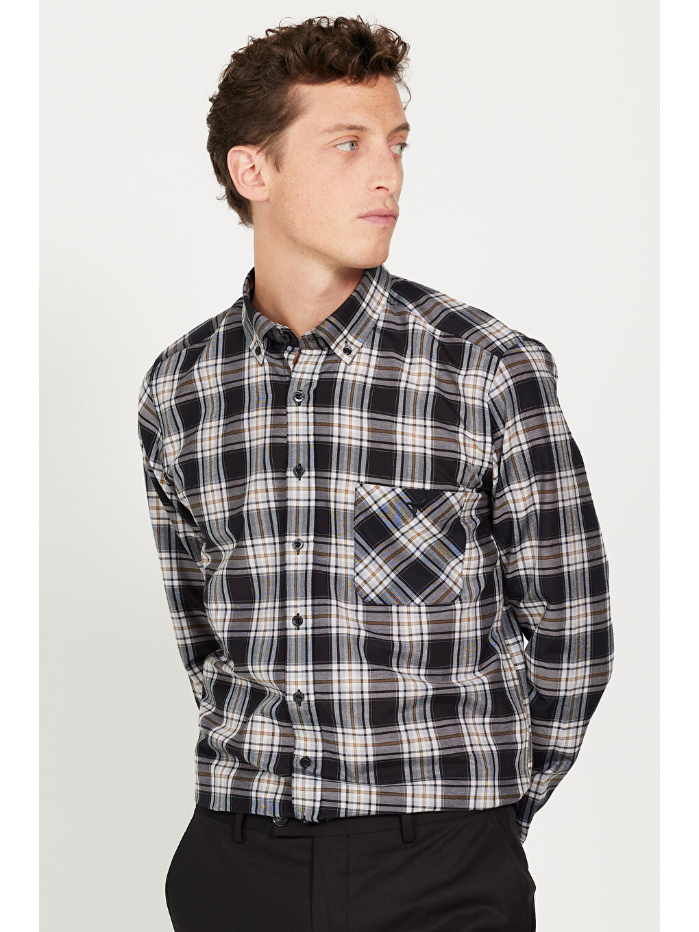 Erkek Siyah-Kahverengi Slim Fit Dar Kesim Düğmeli Yaka Pamuklu Gömlek-4