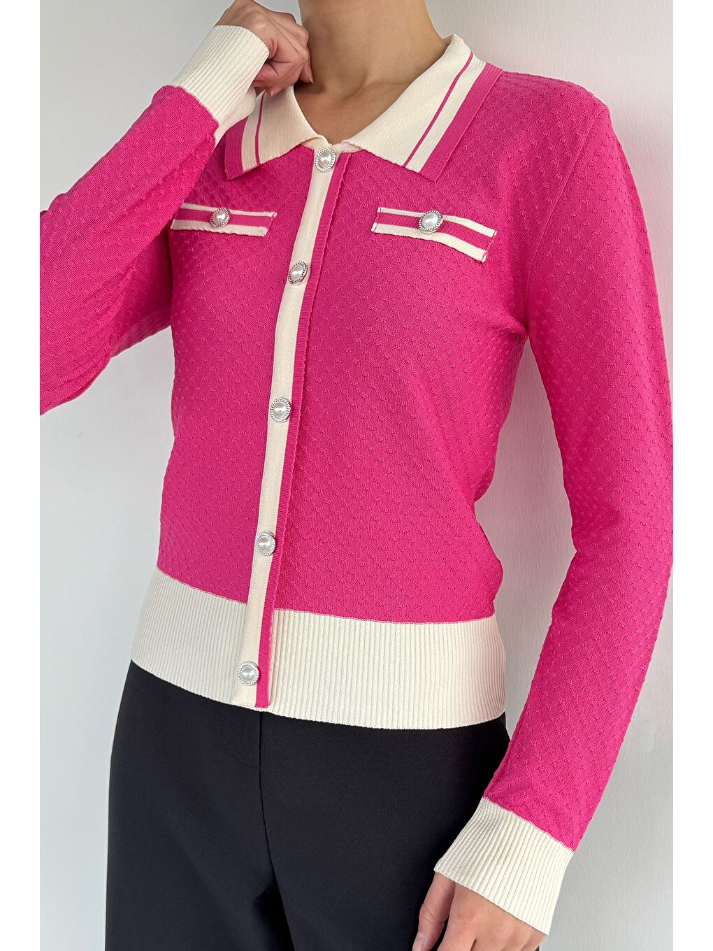 Fuşya Kadın Polo Yaka İncili Düğme Detaylı Triko Hırka (s-m-l Beden Uyumludur.)