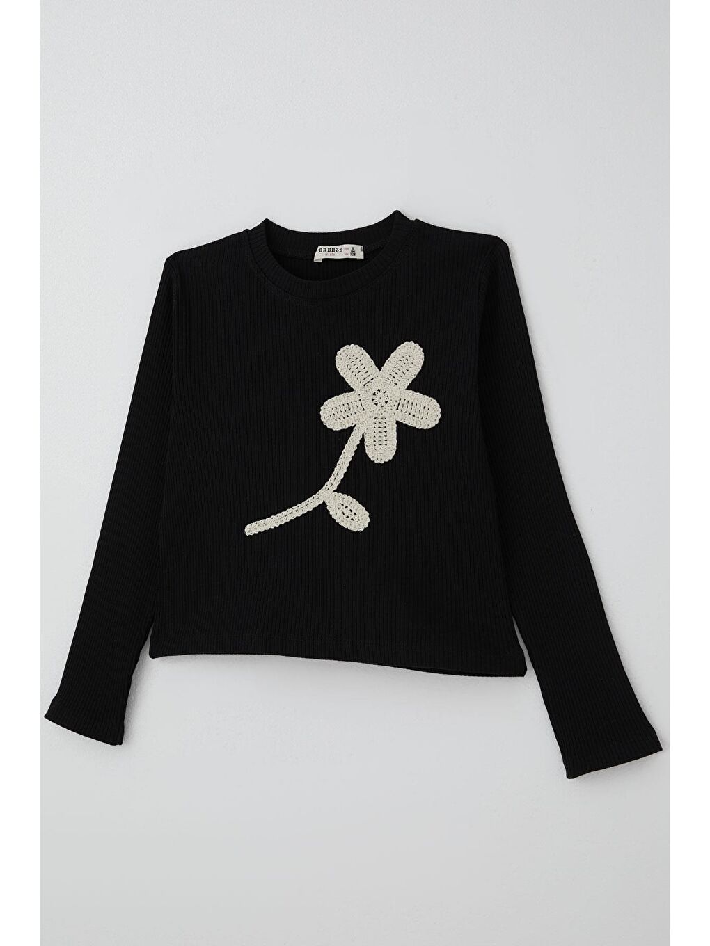 Kız Çocuk Uzun Kollu Tişört Örgü Çiçek Aplikeli Siyah (6-12 Yaş)-6