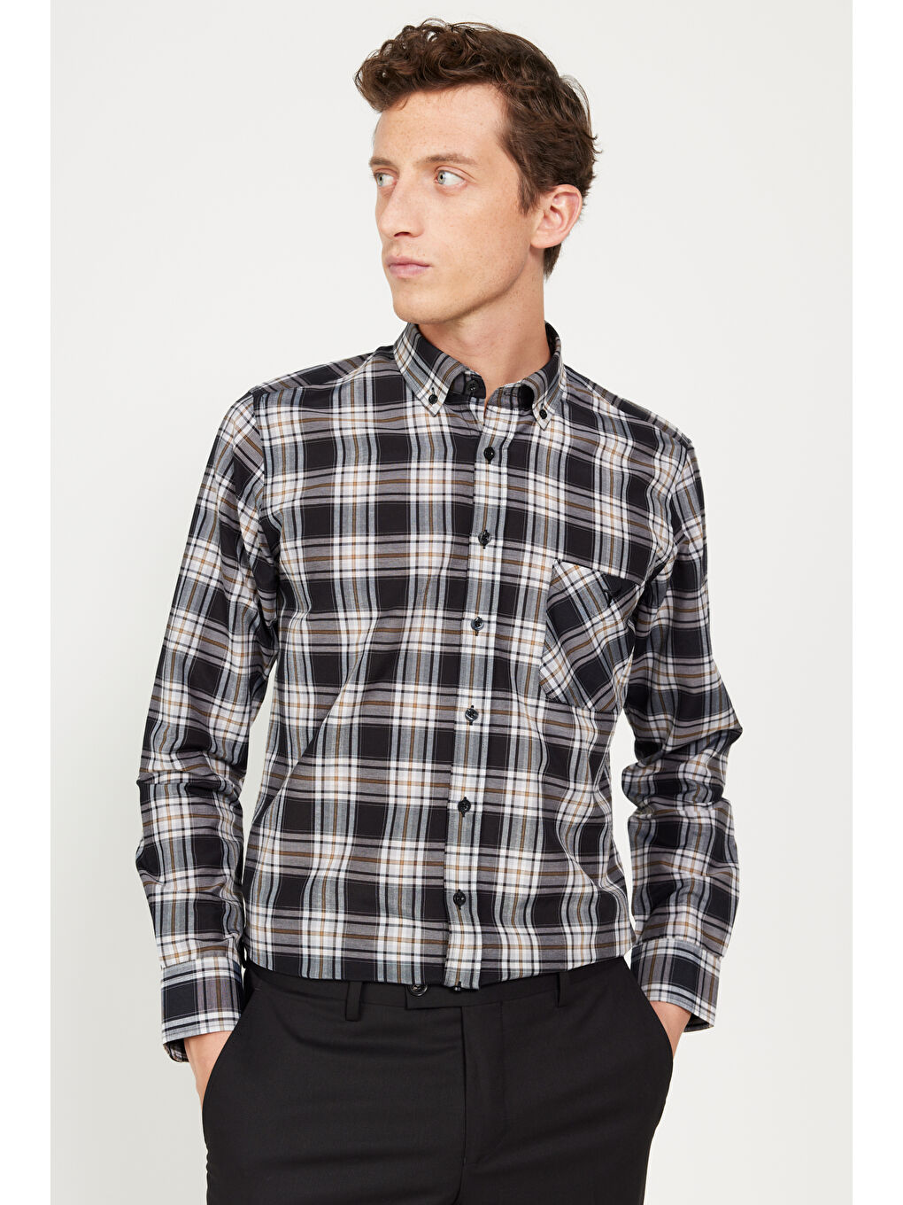 Erkek Siyah-Kahverengi Slim Fit Dar Kesim Düğmeli Yaka Pamuklu Gömlek-5