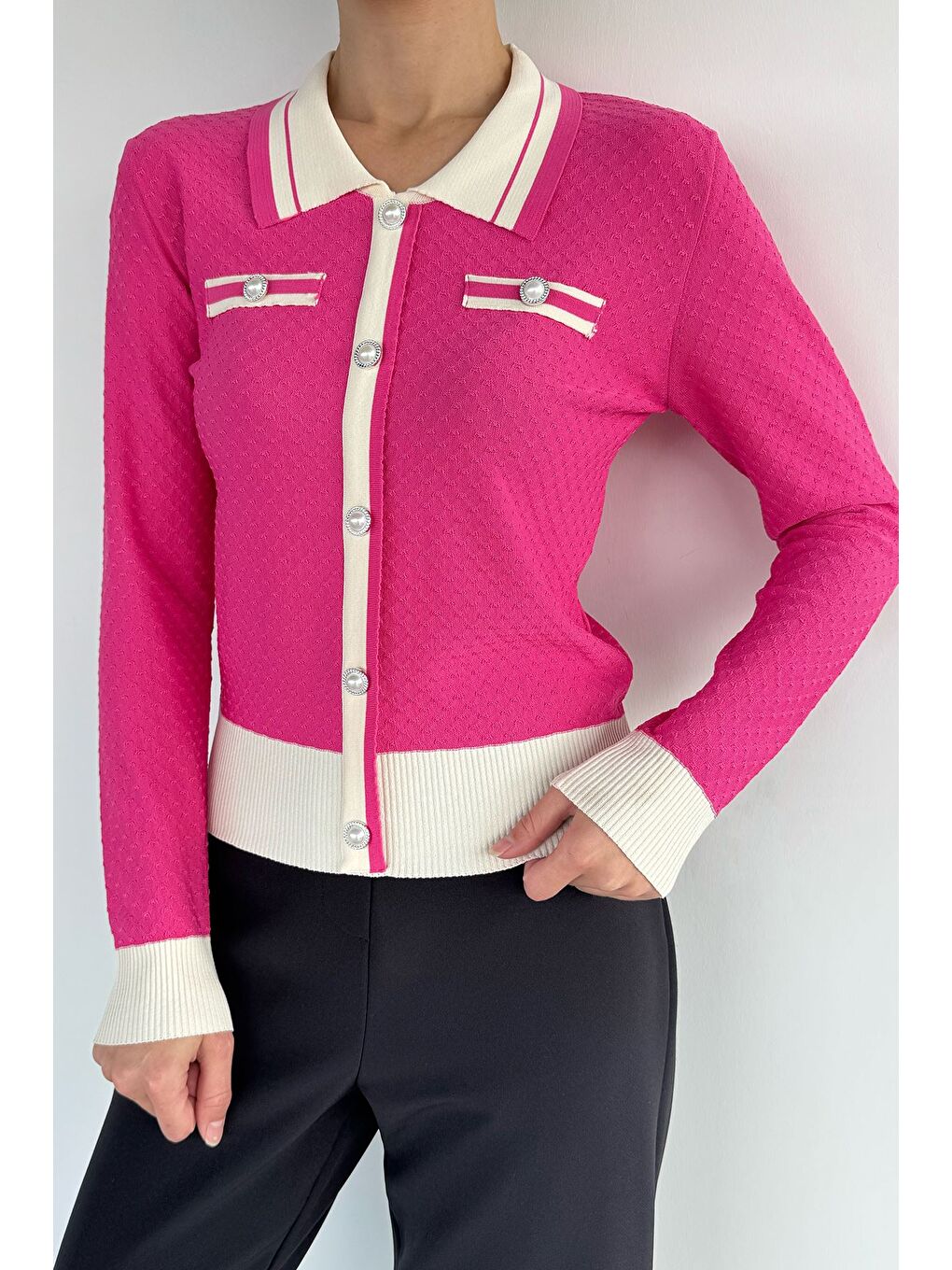 Fuşya Kadın Polo Yaka İncili Düğme Detaylı Triko Hırka (s-m-l Beden Uyumludur.)-1