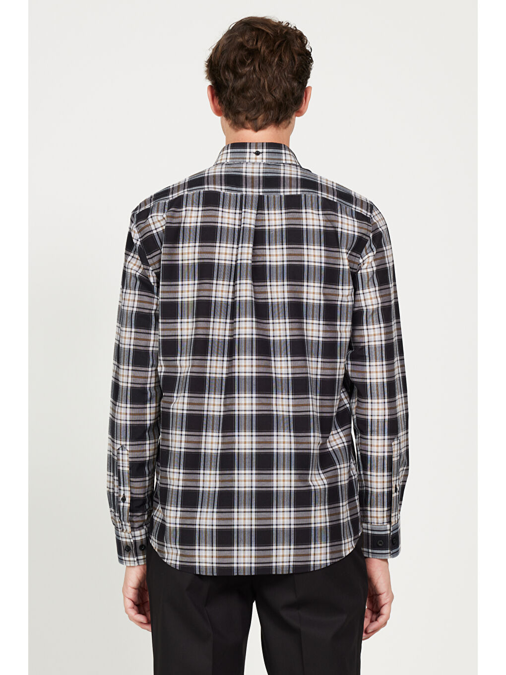 Erkek Siyah-Kahverengi Slim Fit Dar Kesim Düğmeli Yaka Pamuklu Gömlek-6