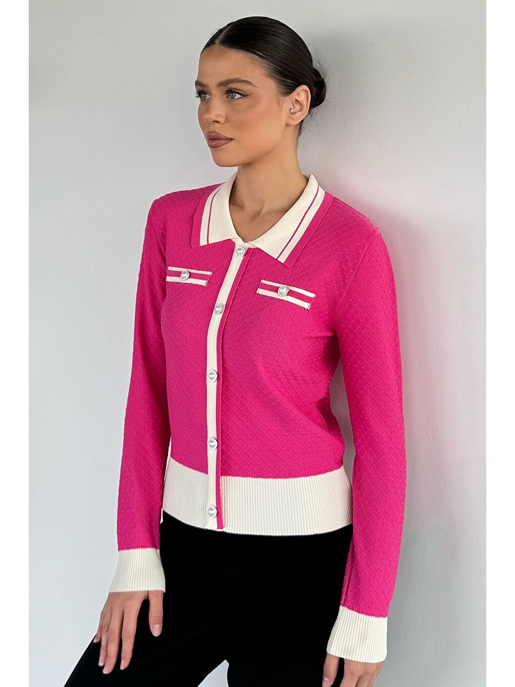 Fuşya Kadın Polo Yaka İncili Düğme Detaylı Triko Hırka (s-m-l Beden Uyumludur.)-2