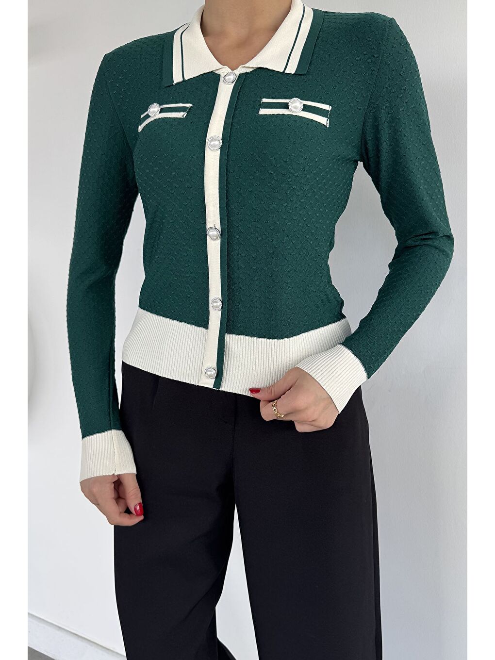 Yeşil Kadın Polo Yaka İncili Düğme Detaylı Triko Hırka (s-m-l Beden Uyumludur.)