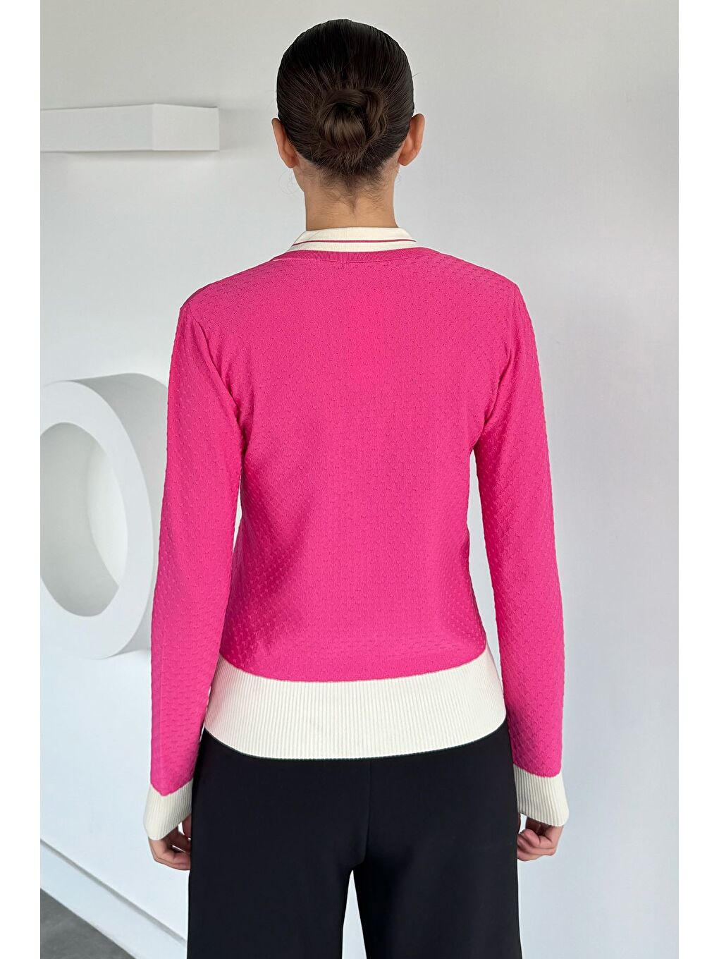 Fuşya Kadın Polo Yaka İncili Düğme Detaylı Triko Hırka (s-m-l Beden Uyumludur.)-3