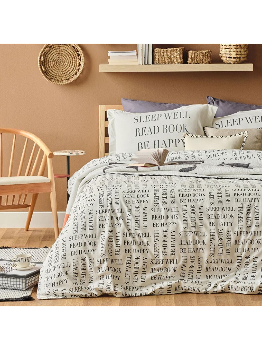 Beyaz %100 Pamuk Ranforce Book Lovers King Size Nevresim Seti Antrasit
