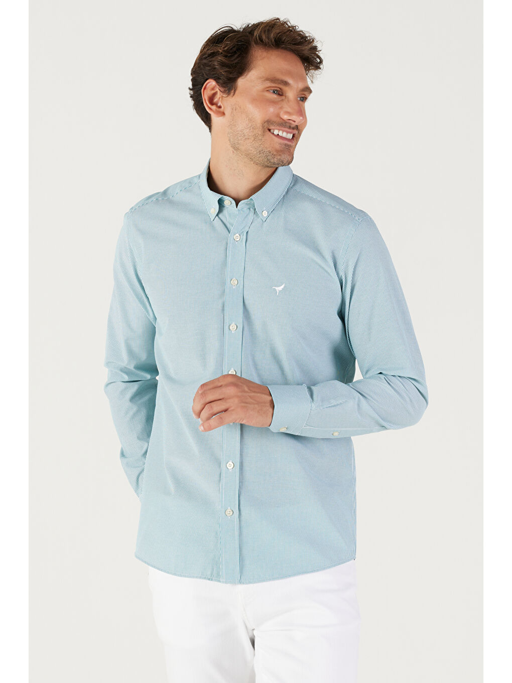 Erkek Haki-Beyaz Slim Fit Dar Kesim Düğmeli Yaka Pamuklu Çizgili Gömlek-1