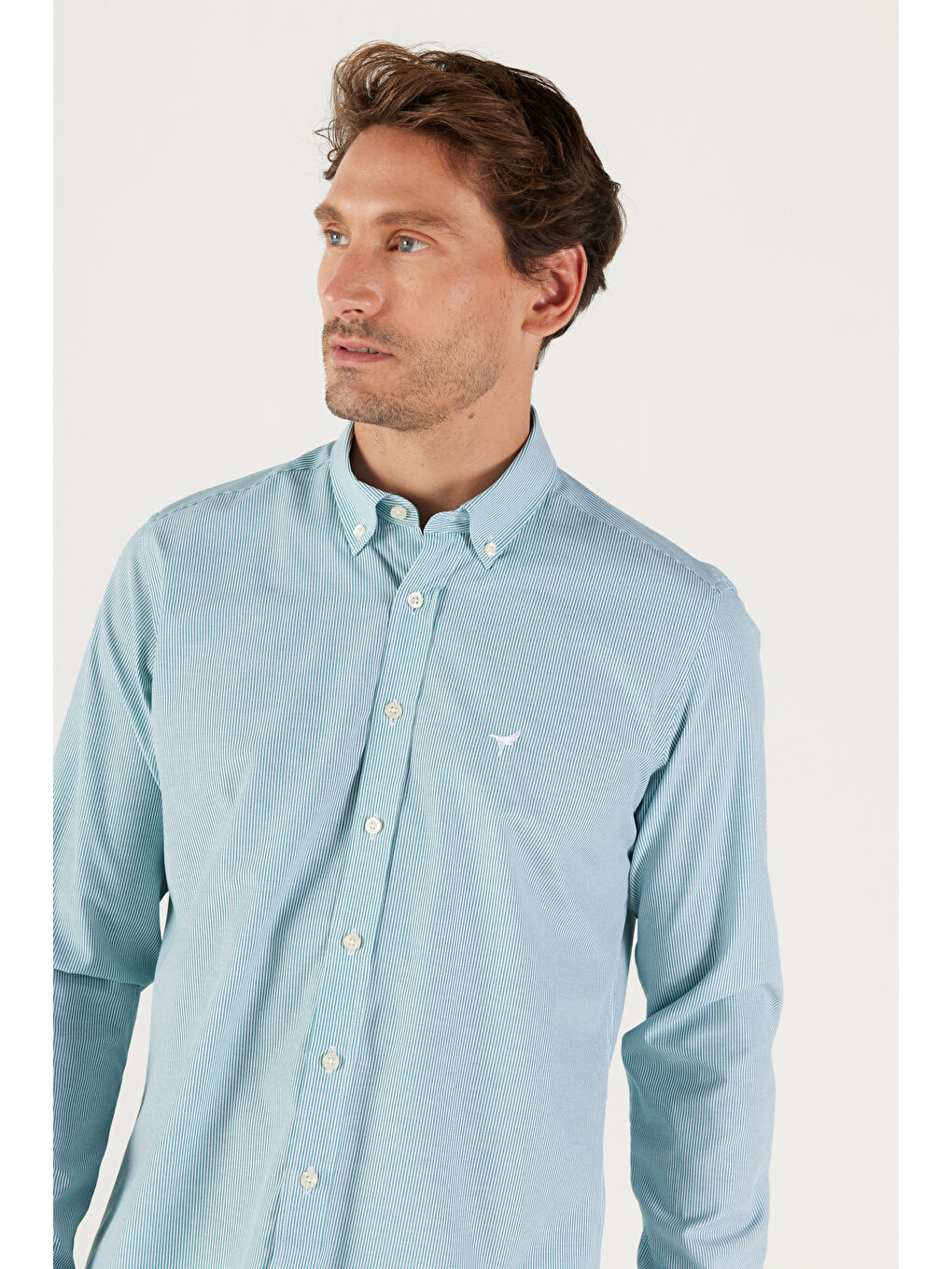 Erkek Haki-Beyaz Slim Fit Dar Kesim Düğmeli Yaka Pamuklu Çizgili Gömlek-2