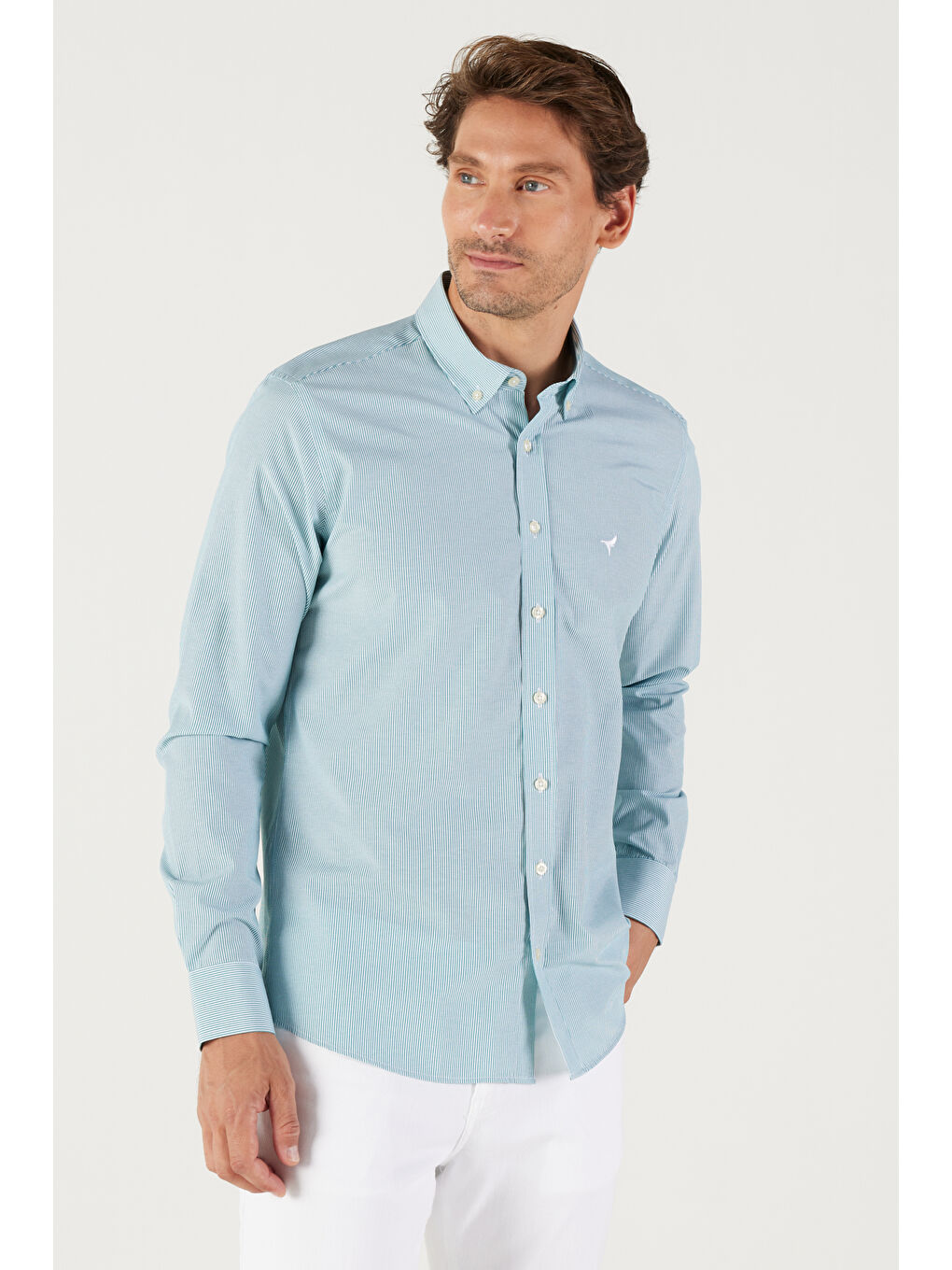 Erkek Haki-Beyaz Slim Fit Dar Kesim Düğmeli Yaka Pamuklu Çizgili Gömlek-3