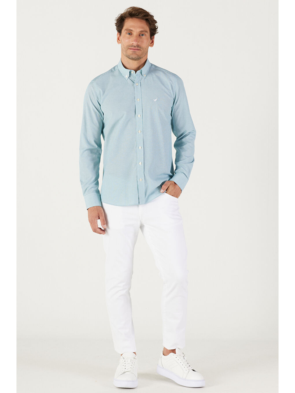 Erkek Haki-Beyaz Slim Fit Dar Kesim Düğmeli Yaka Pamuklu Çizgili Gömlek-4