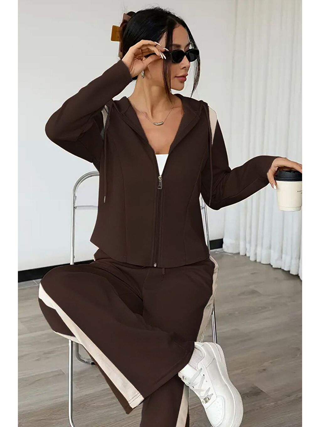 Kahverengi Kadın Şerit Detaylı Kapüşonlu Sweat Bel Lastikli Palazzo Pantolon İkili Takım-1