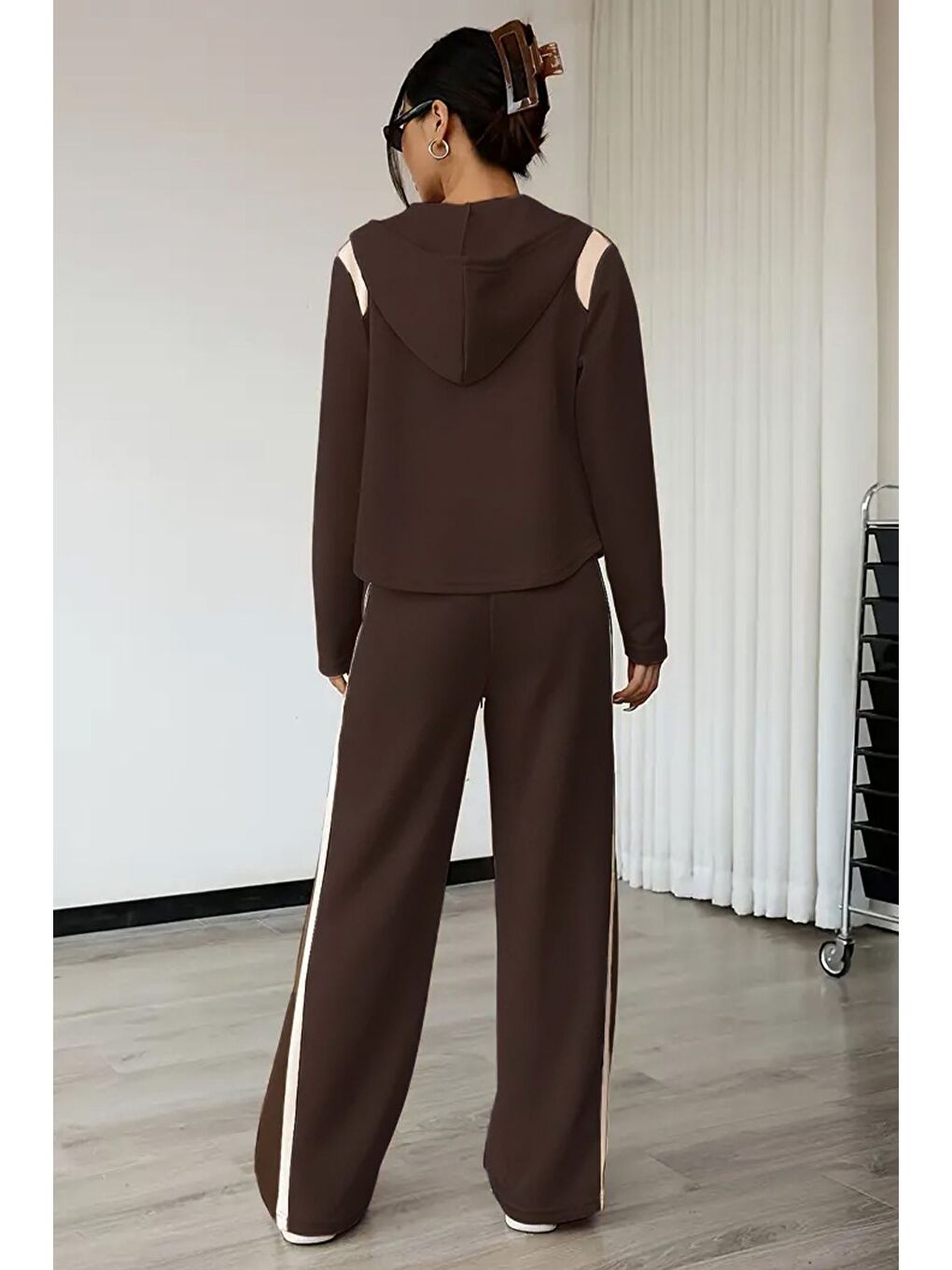 Kahverengi Kadın Şerit Detaylı Kapüşonlu Sweat Bel Lastikli Palazzo Pantolon İkili Takım-2