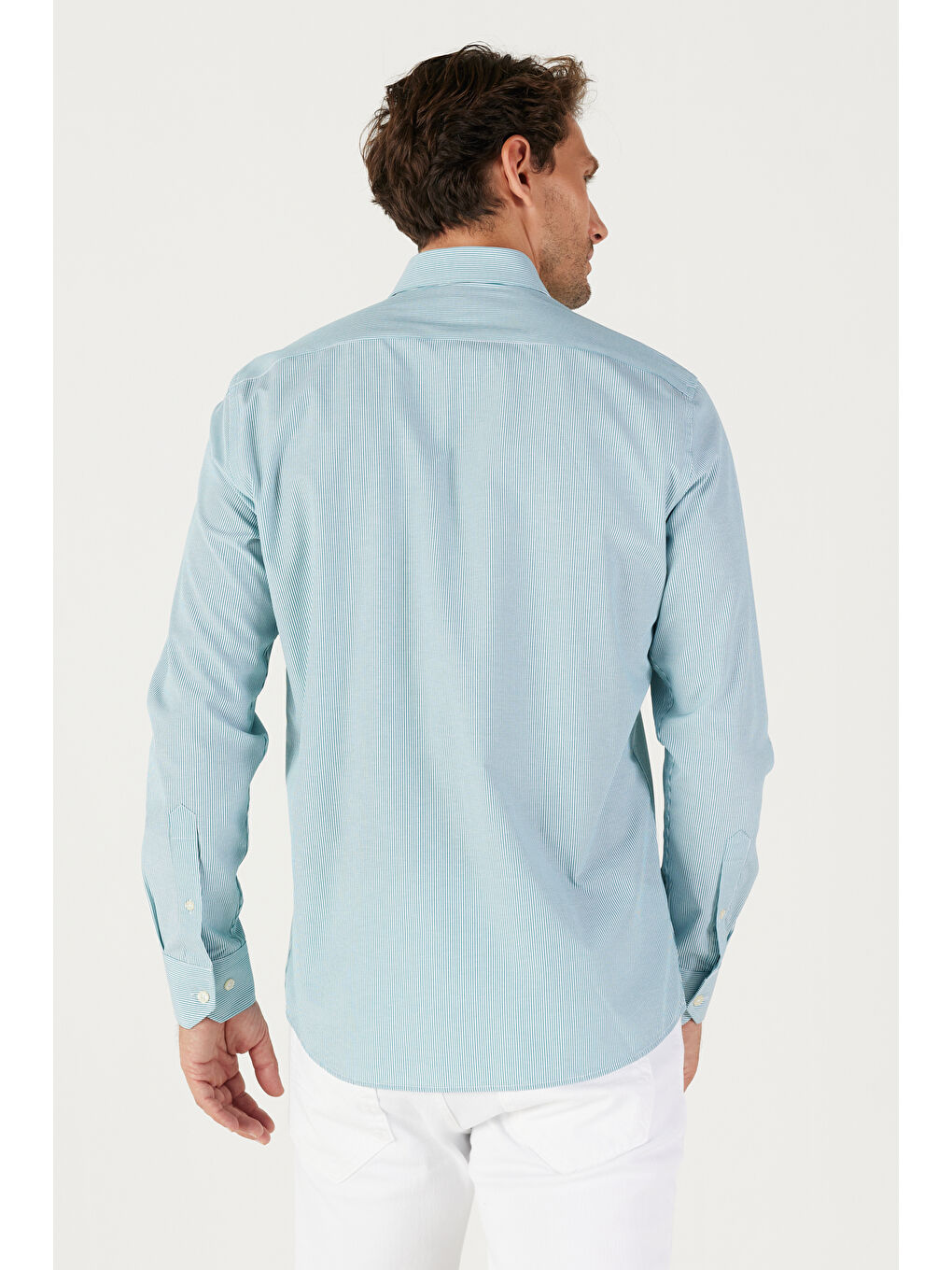 Erkek Haki-Beyaz Slim Fit Dar Kesim Düğmeli Yaka Pamuklu Çizgili Gömlek-5