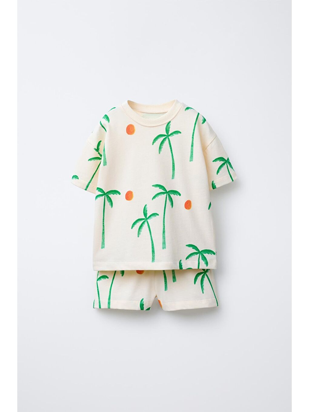 Unisex Çocuk Pamuklu Ekru Palmiye Desenli T-Shirt Ve Şort Takım