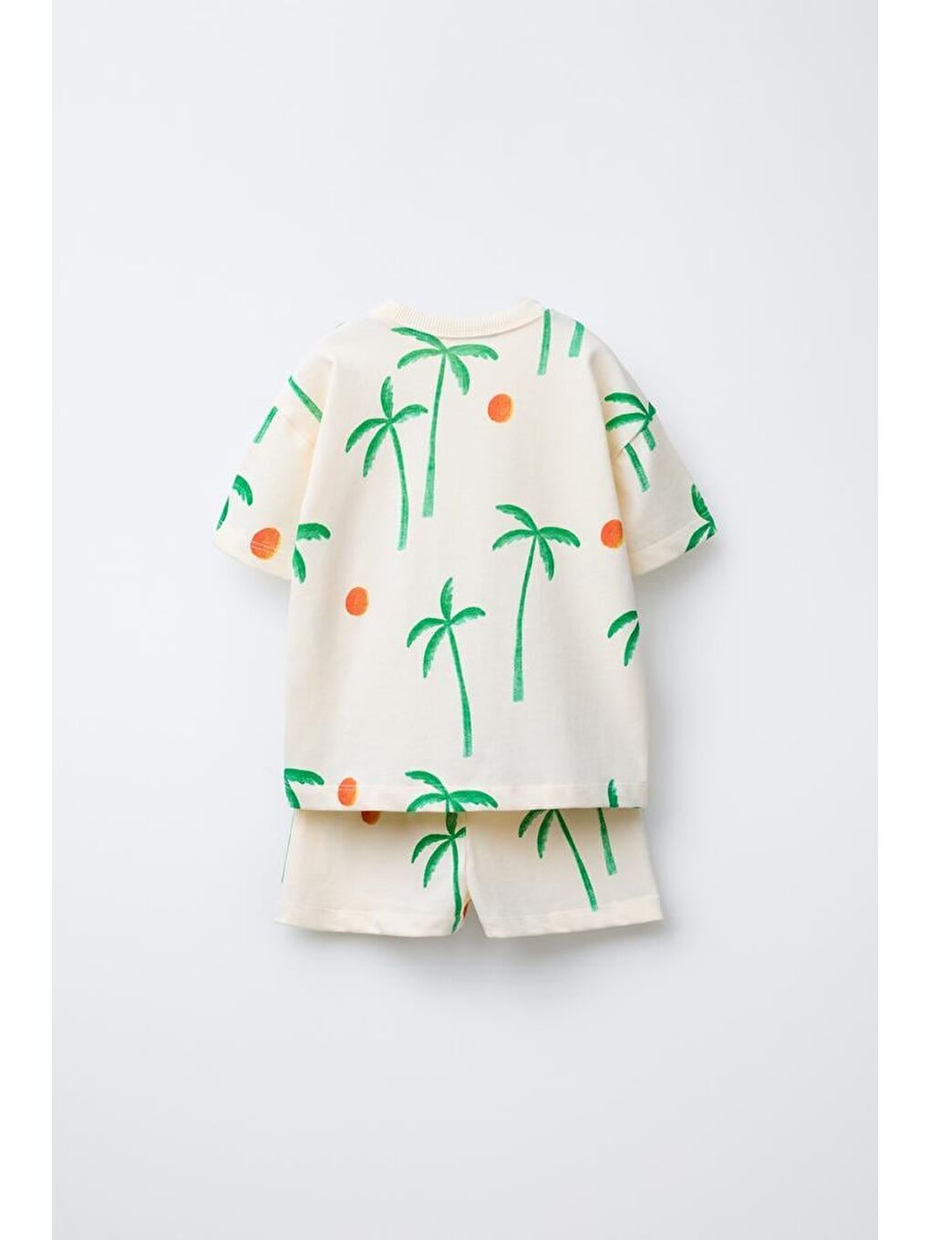 Unisex Çocuk Pamuklu Ekru Palmiye Desenli T-Shirt Ve Şort Takım-1