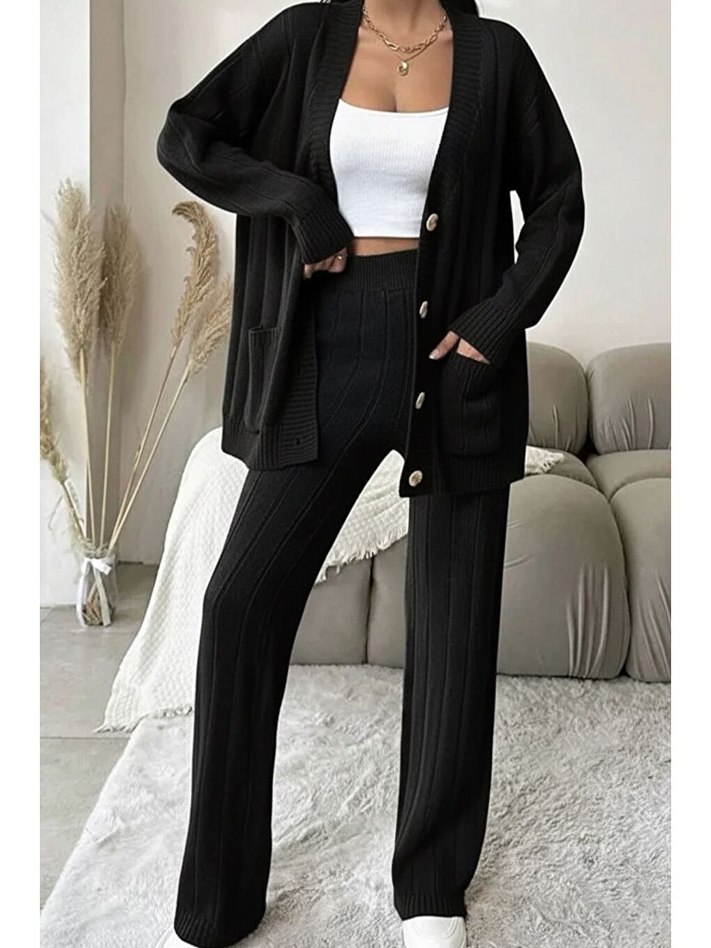 Siyah Kadın Ön Düğmeli Kendinden Çizgi Desenli Triko Hırka Pantolon İkili Takım-1
