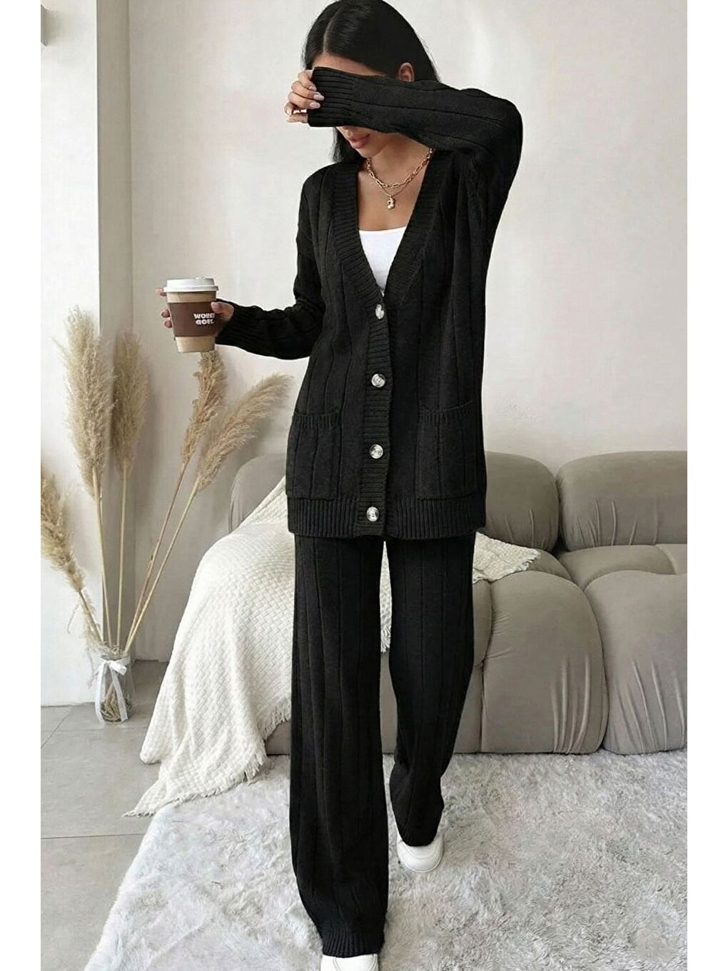 Siyah Kadın Ön Düğmeli Kendinden Çizgi Desenli Triko Hırka Pantolon İkili Takım-2