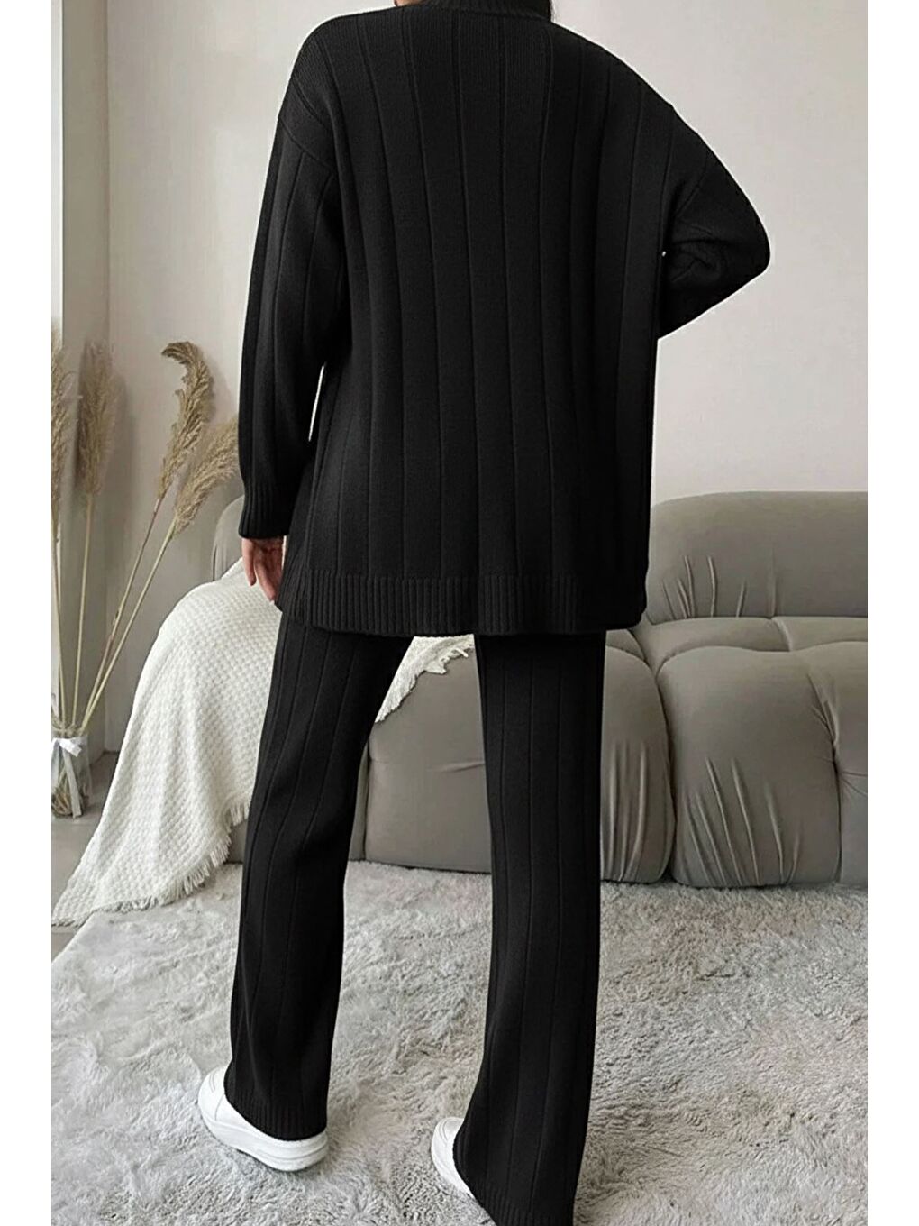 Siyah Kadın Ön Düğmeli Kendinden Çizgi Desenli Triko Hırka Pantolon İkili Takım-3