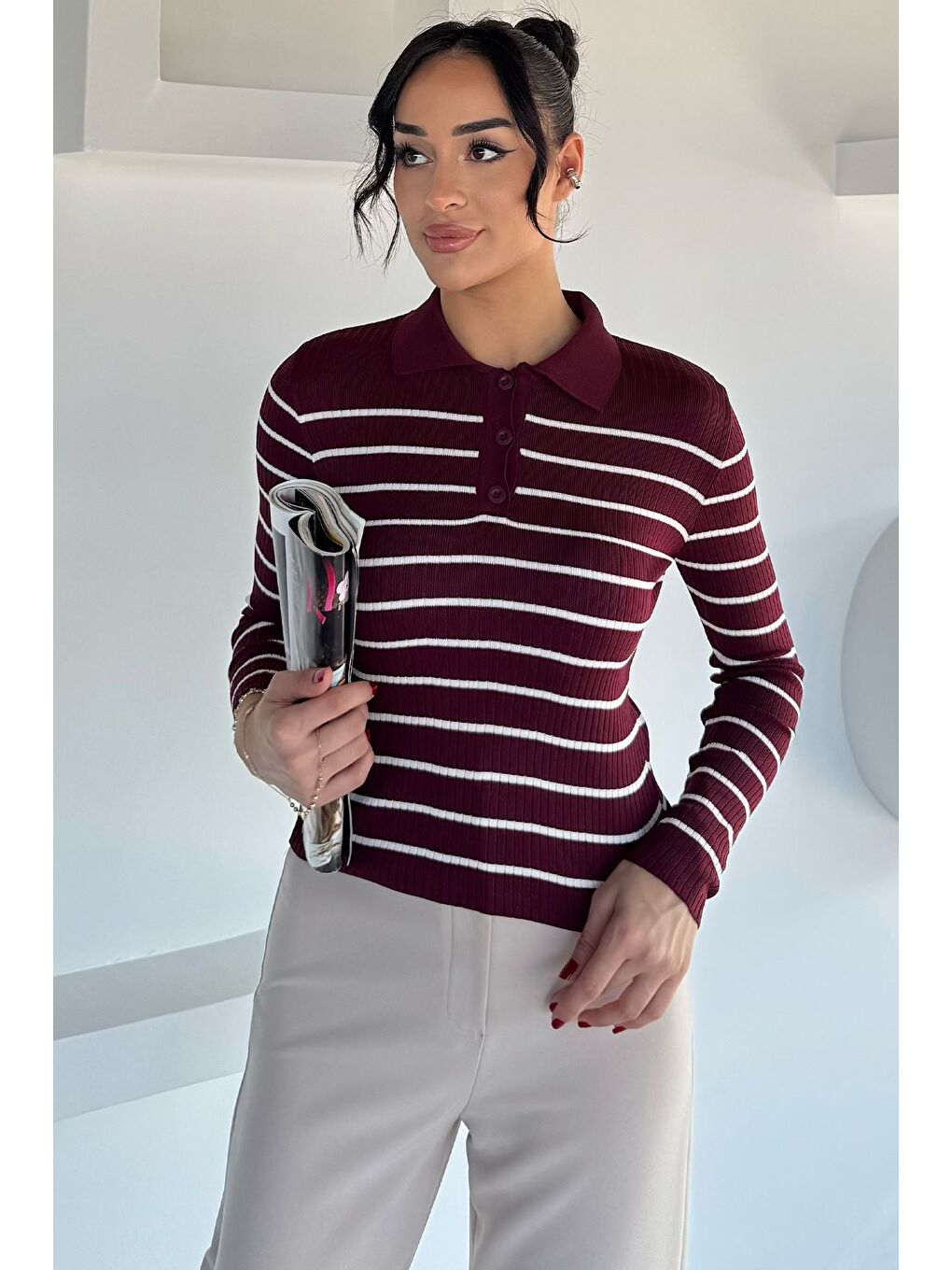 Bordo Kadın Polo Yaka Çizgili Yarım Düğmeli Triko Kazak-1