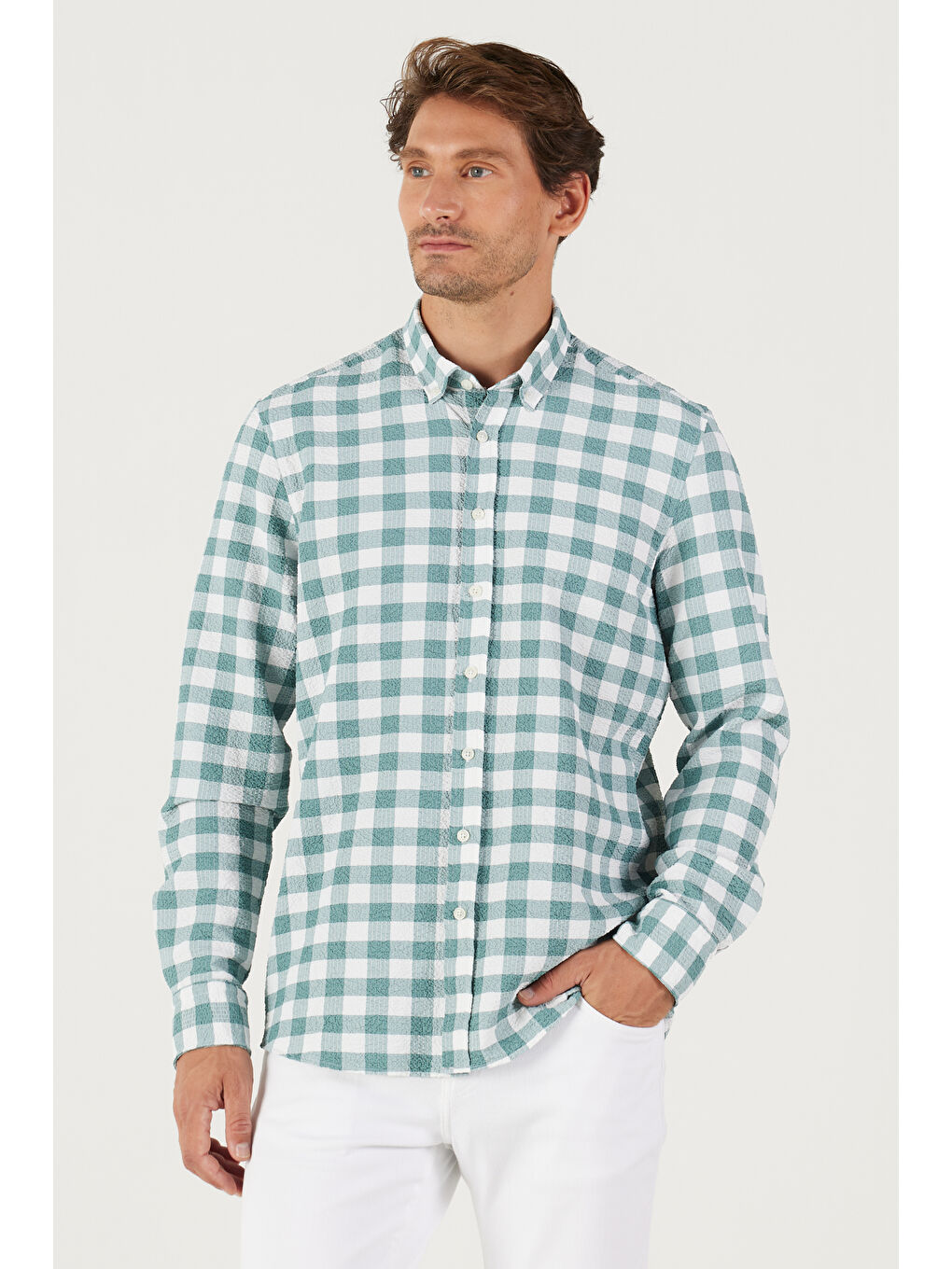 Erkek Beyaz-Yeşil Slim Fit Dar Kesim Düğmeli Yaka Gofre Desenli Gömlek-2