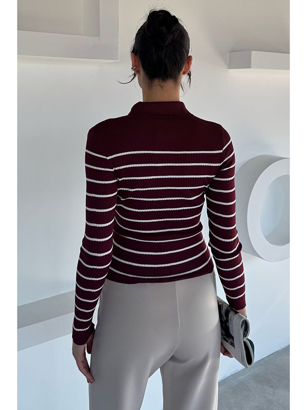 Bordo Kadın Polo Yaka Çizgili Yarım Düğmeli Triko Kazak-3