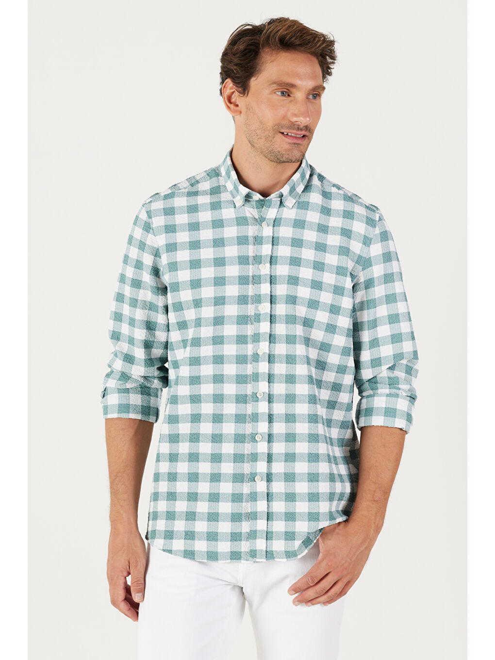 Erkek Beyaz-Yeşil Slim Fit Dar Kesim Düğmeli Yaka Gofre Desenli Gömlek-3