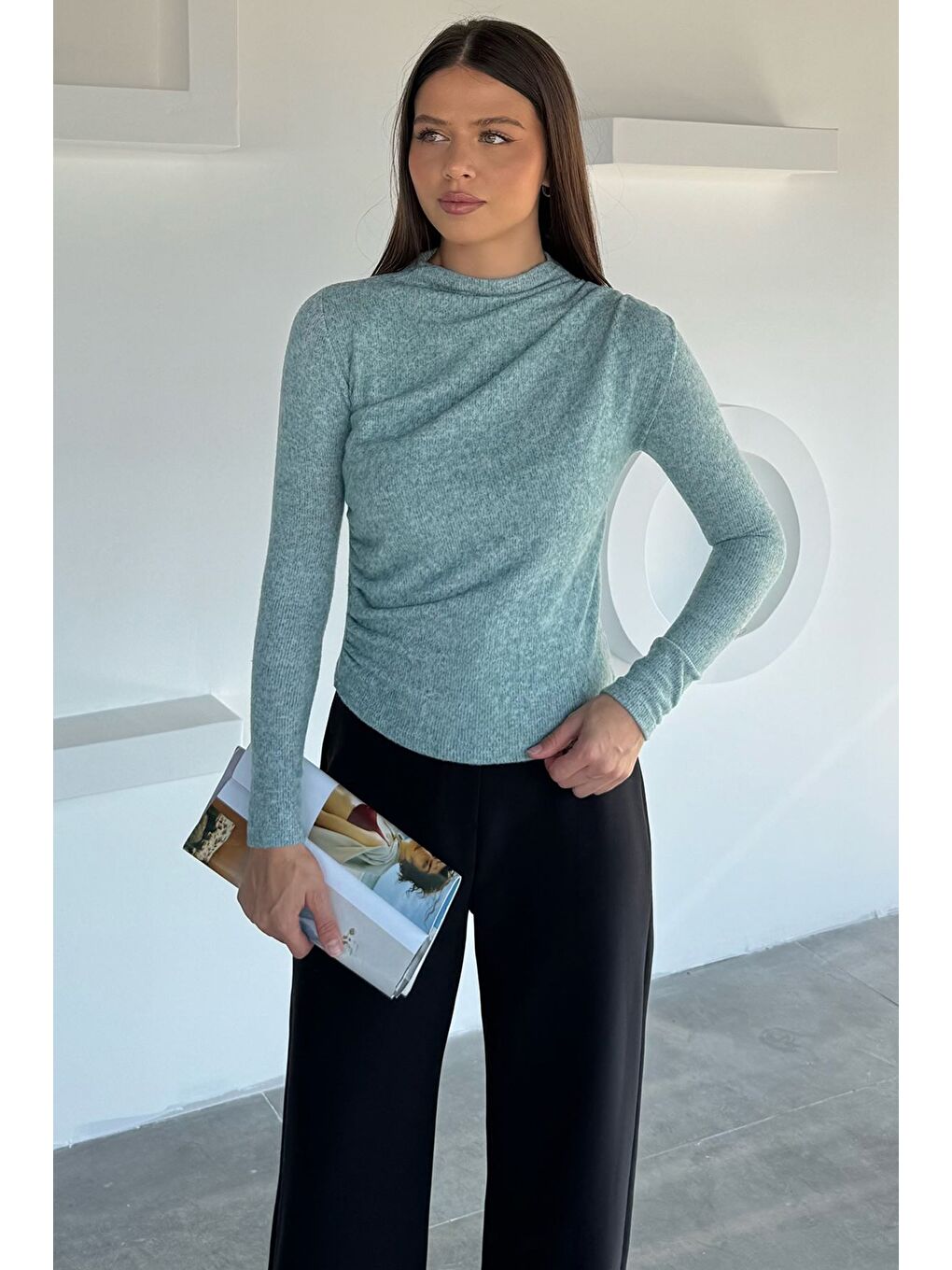 Yeşil Kadın Omuz Ve Yan Büzgülü Bluz-1