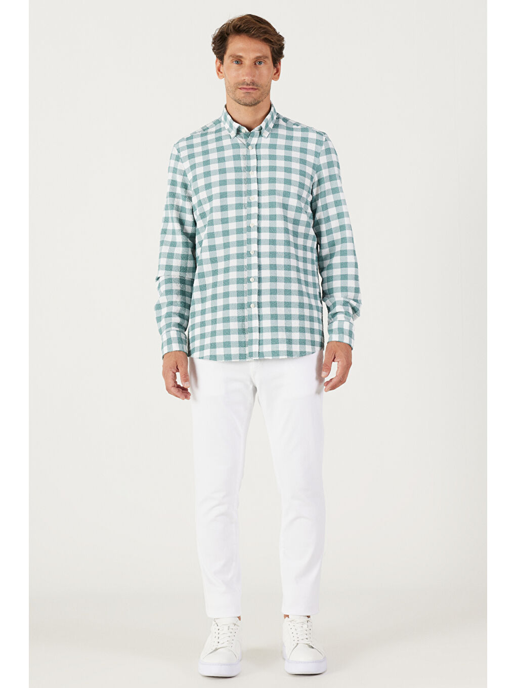 Erkek Beyaz-Yeşil Slim Fit Dar Kesim Düğmeli Yaka Gofre Desenli Gömlek-4