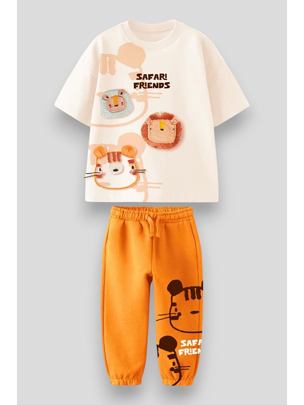 Erkek Çocuk Pamuklu Ekru Turuncu Safari Arkadaşlar Takım - 3D Aslan Ve Kaplan Aplikeli