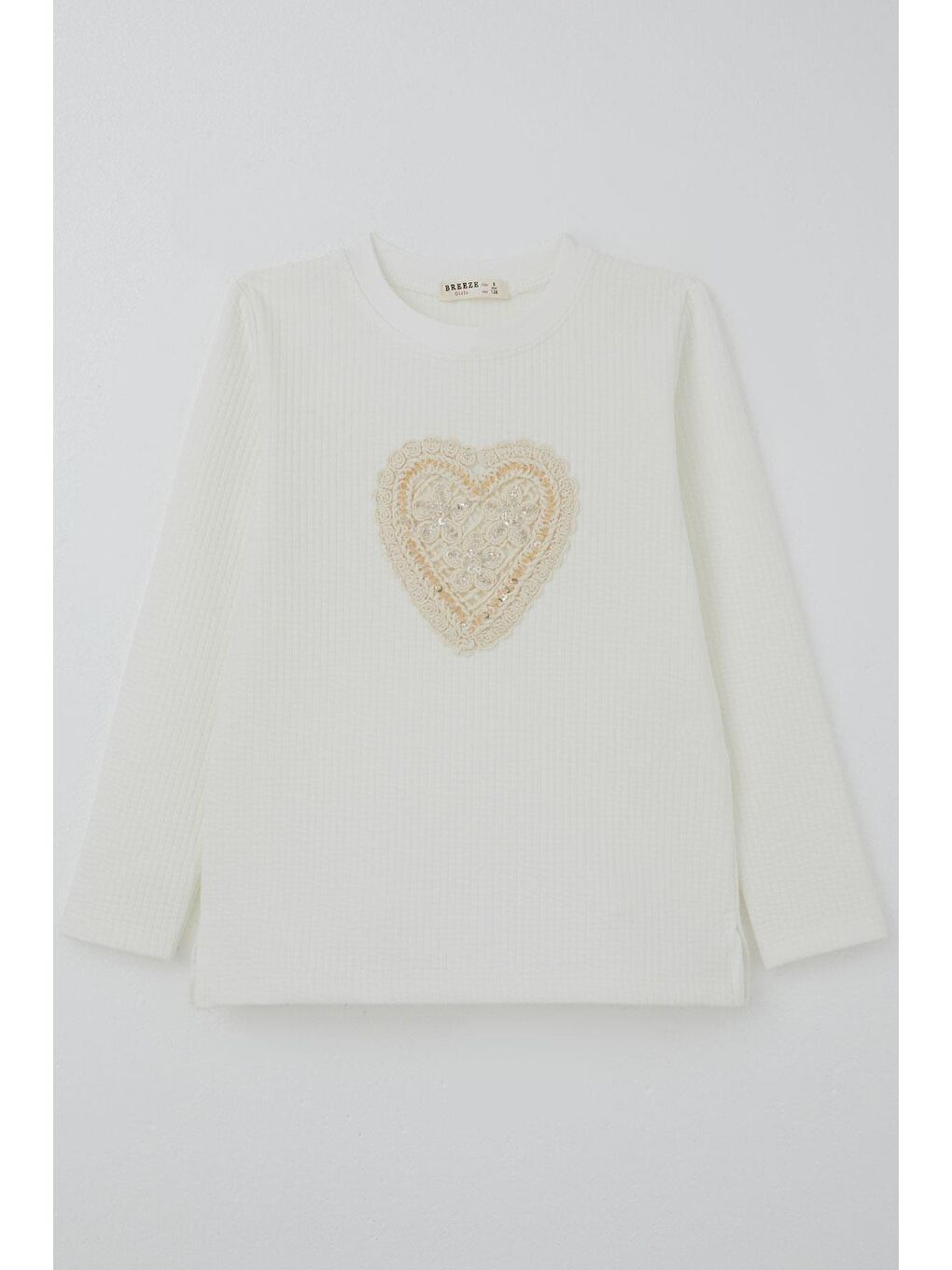 Kız Çocuk Uzun Kollu Tişört Dantel Aplike Kalp Armalı Pullu Ekru (4-8 Yaş)-3