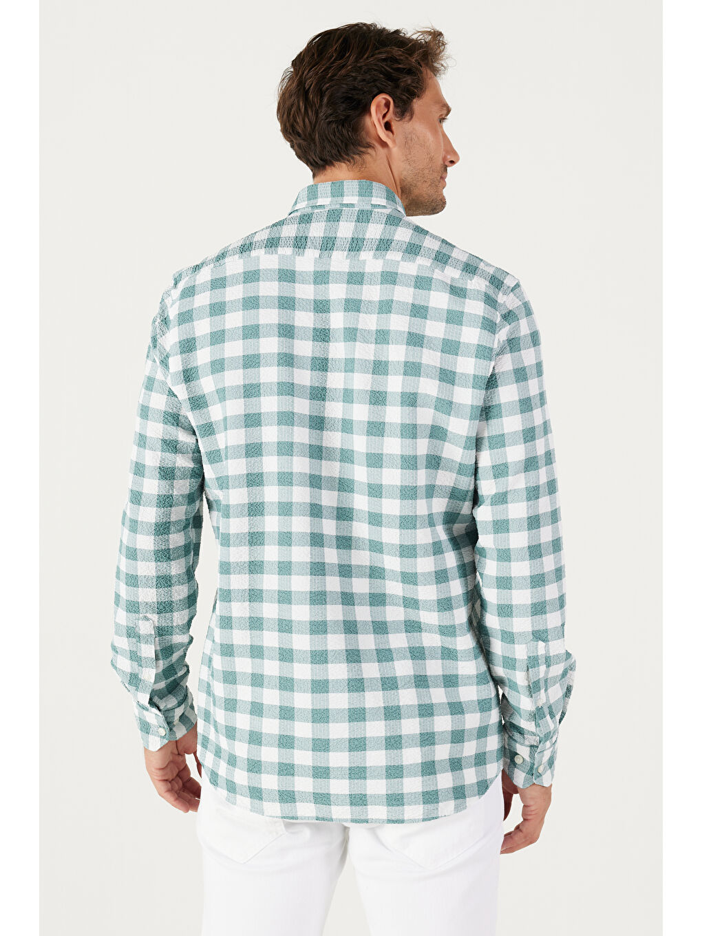 Erkek Beyaz-Yeşil Slim Fit Dar Kesim Düğmeli Yaka Gofre Desenli Gömlek-5