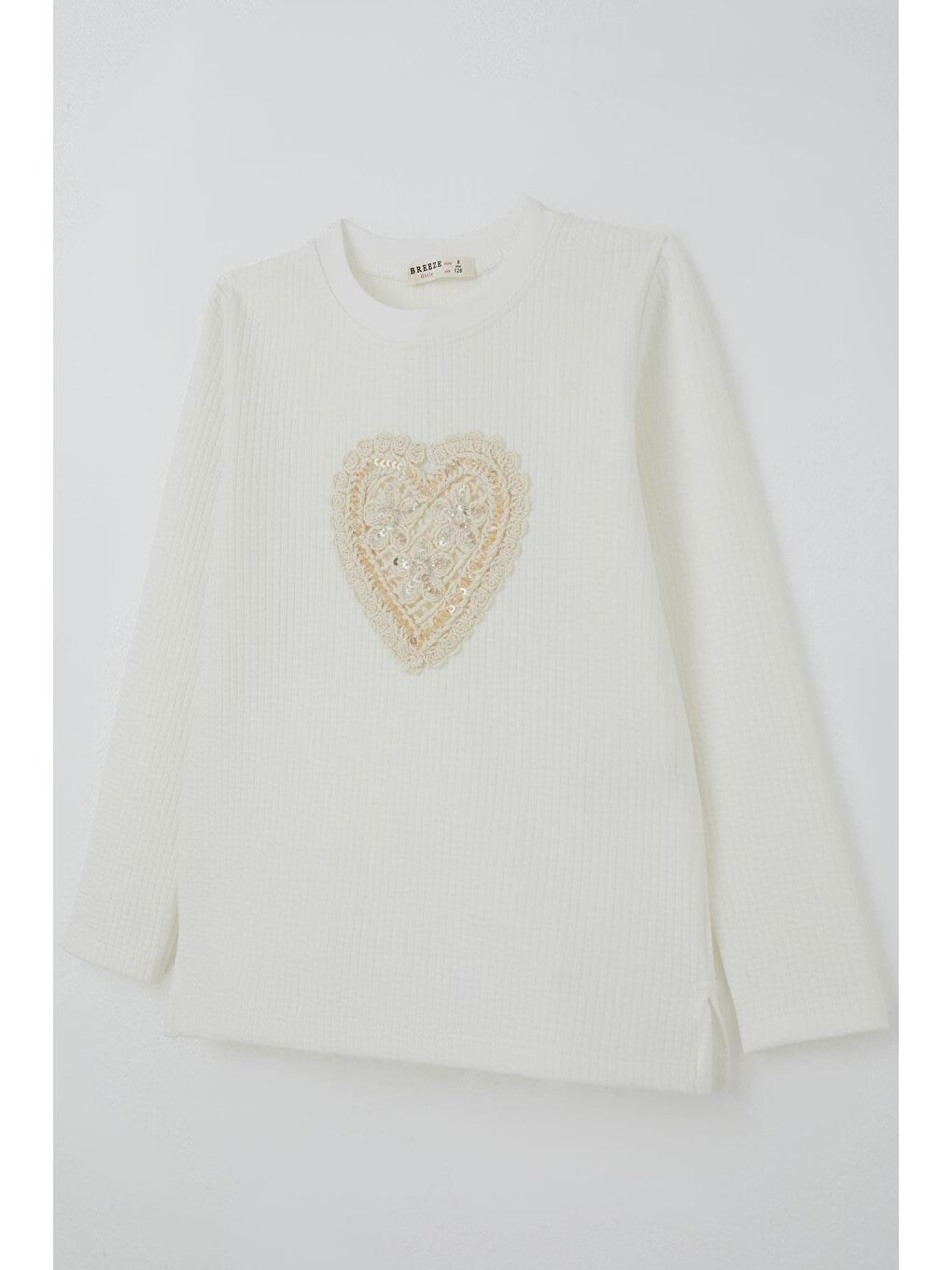 Kız Çocuk Uzun Kollu Tişört Dantel Aplike Kalp Armalı Pullu Ekru (4-8 Yaş)-5