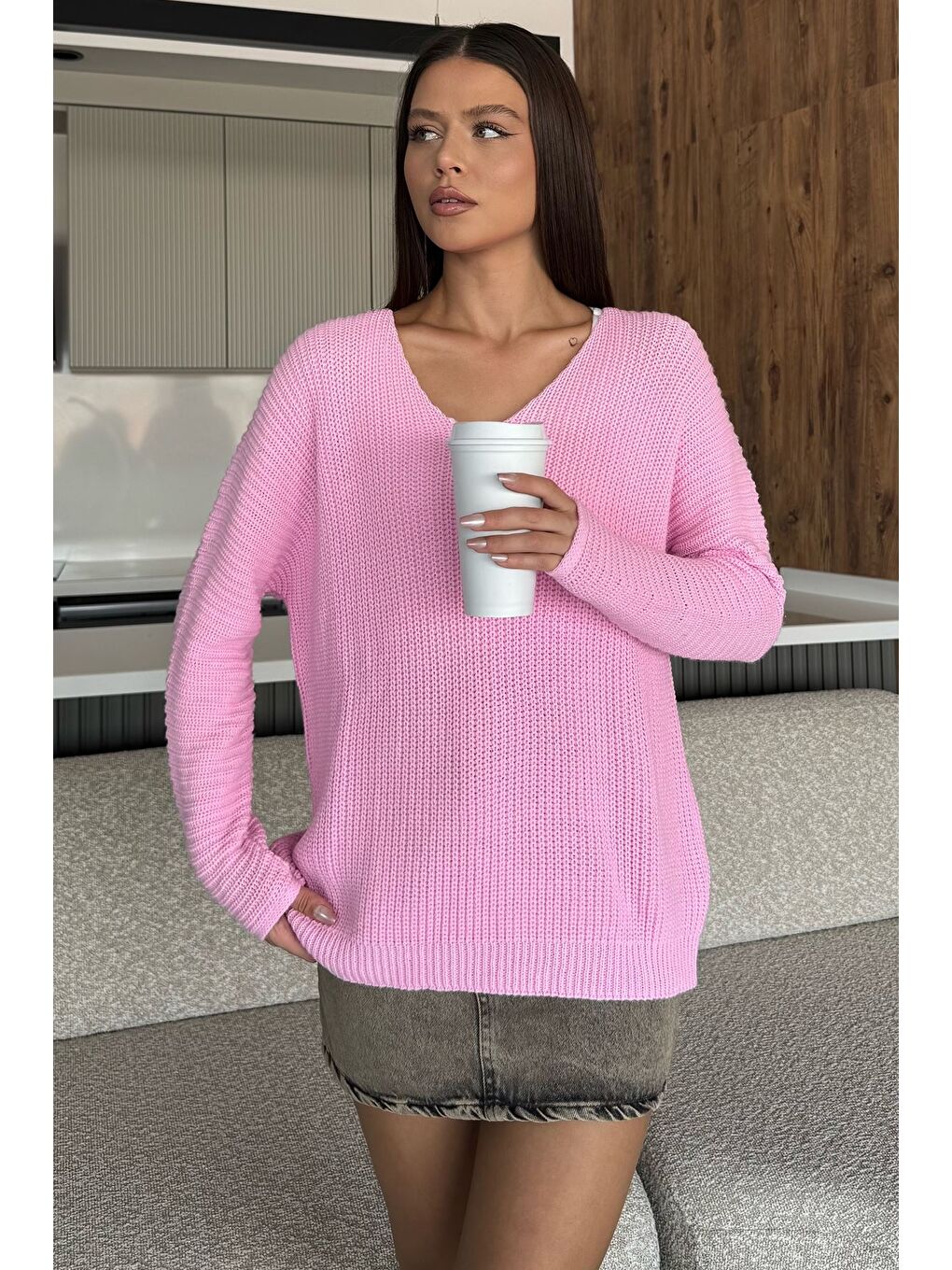 Pembe V Yaka Salaş Triko Bluz (s,m,l,xl Uyumludur)