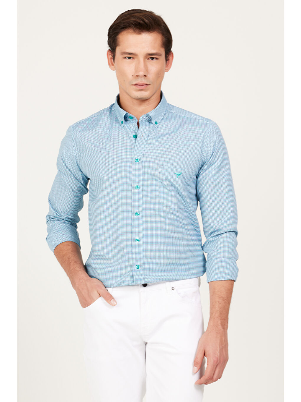 Erkek Lacivert-Yeşil Slim Fit Dar Kesim Düğmeli Yaka Logolu Cepli Pamuklu Çizgili Gömlek