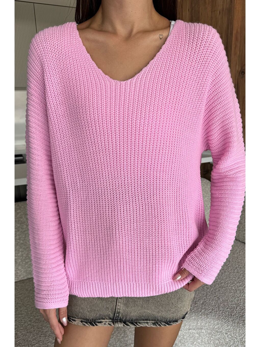 Pembe V Yaka Salaş Triko Bluz (s,m,l,xl Uyumludur)-1