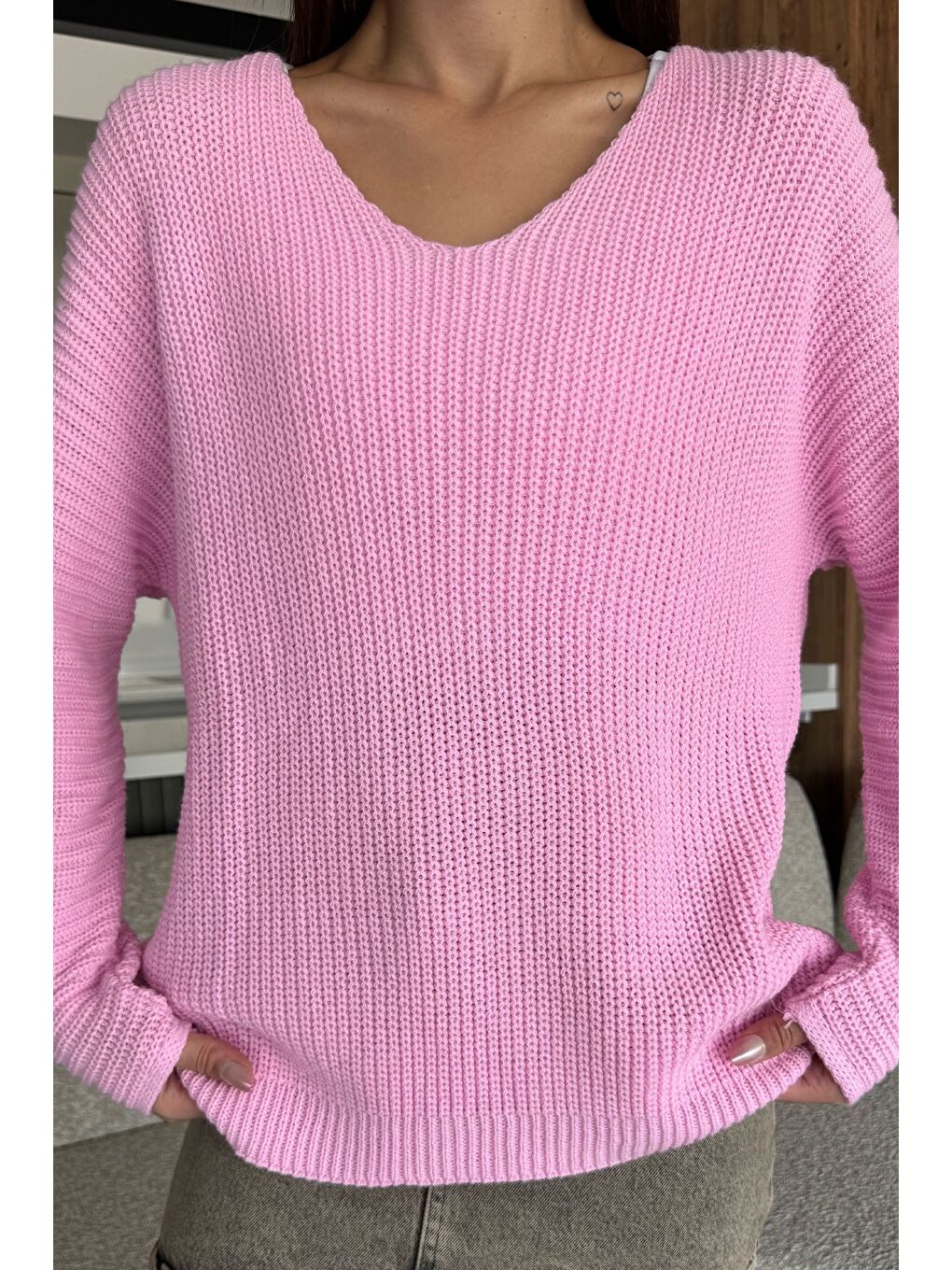 Pembe V Yaka Salaş Triko Bluz (s,m,l,xl Uyumludur)-2