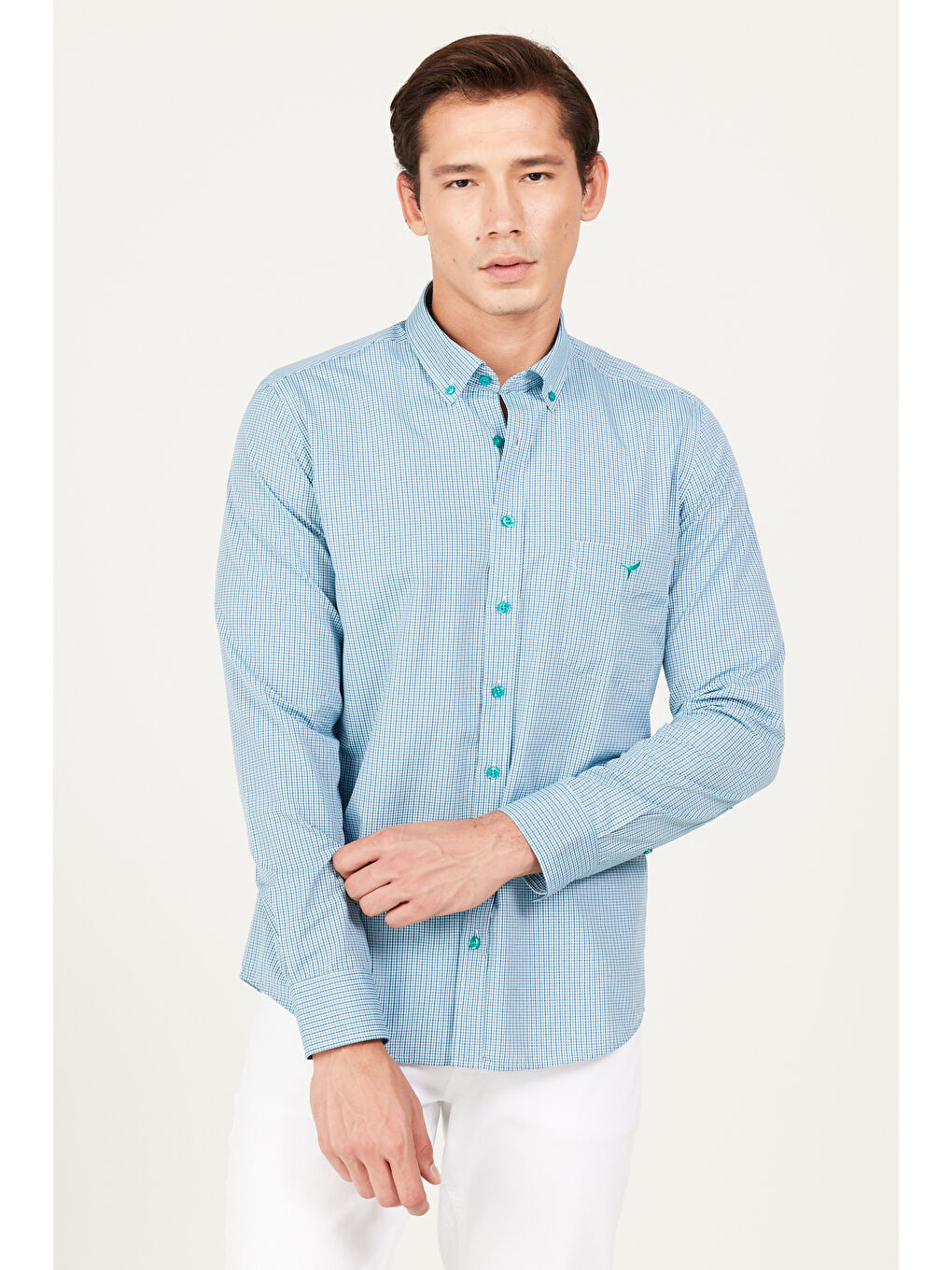 Erkek Lacivert-Yeşil Slim Fit Dar Kesim Düğmeli Yaka Logolu Cepli Pamuklu Çizgili Gömlek-2