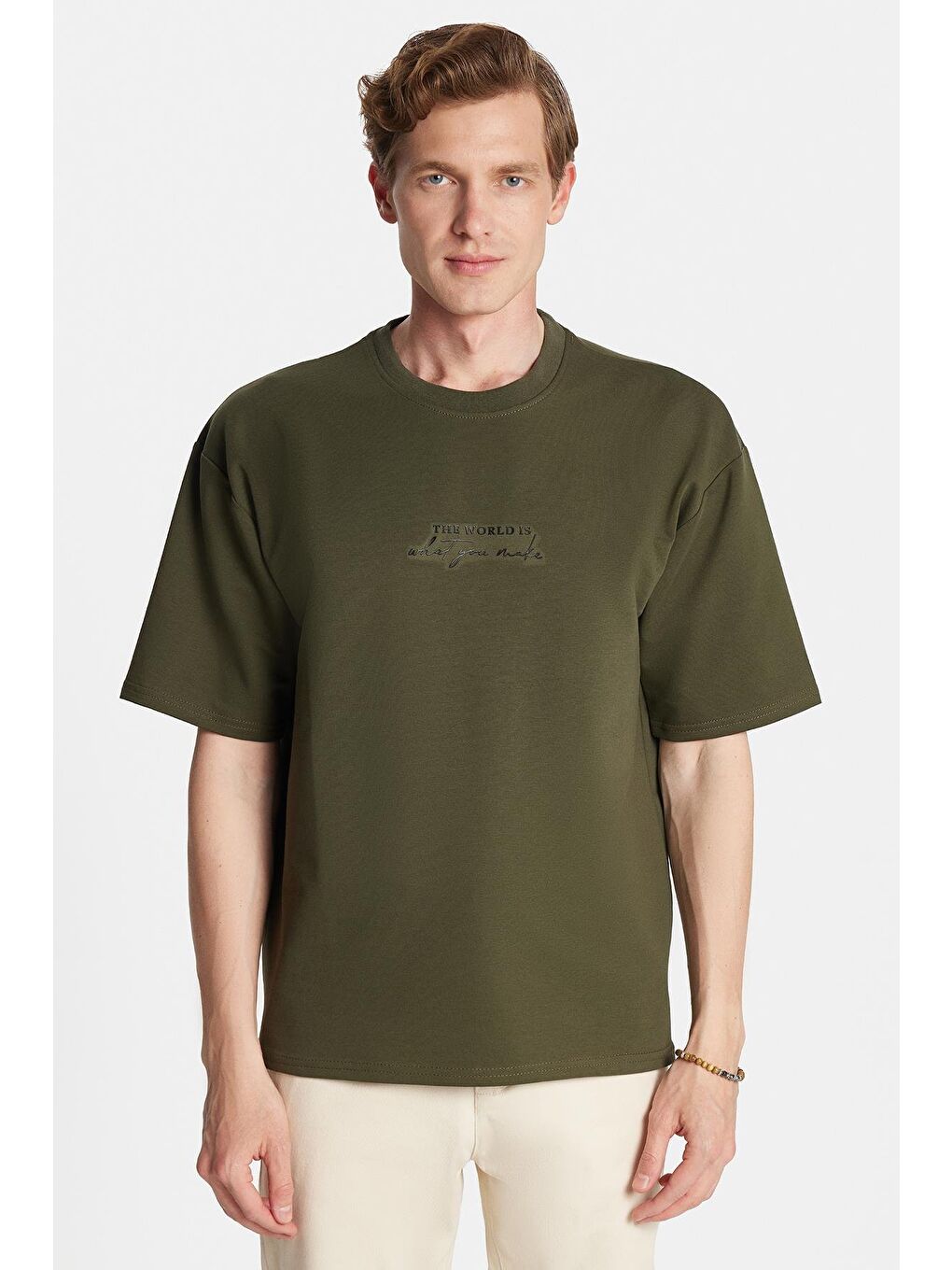 Erkek Oversize Geniş Kesim Pamuklu Baskılı Bisiklet Yaka Haki Tişört