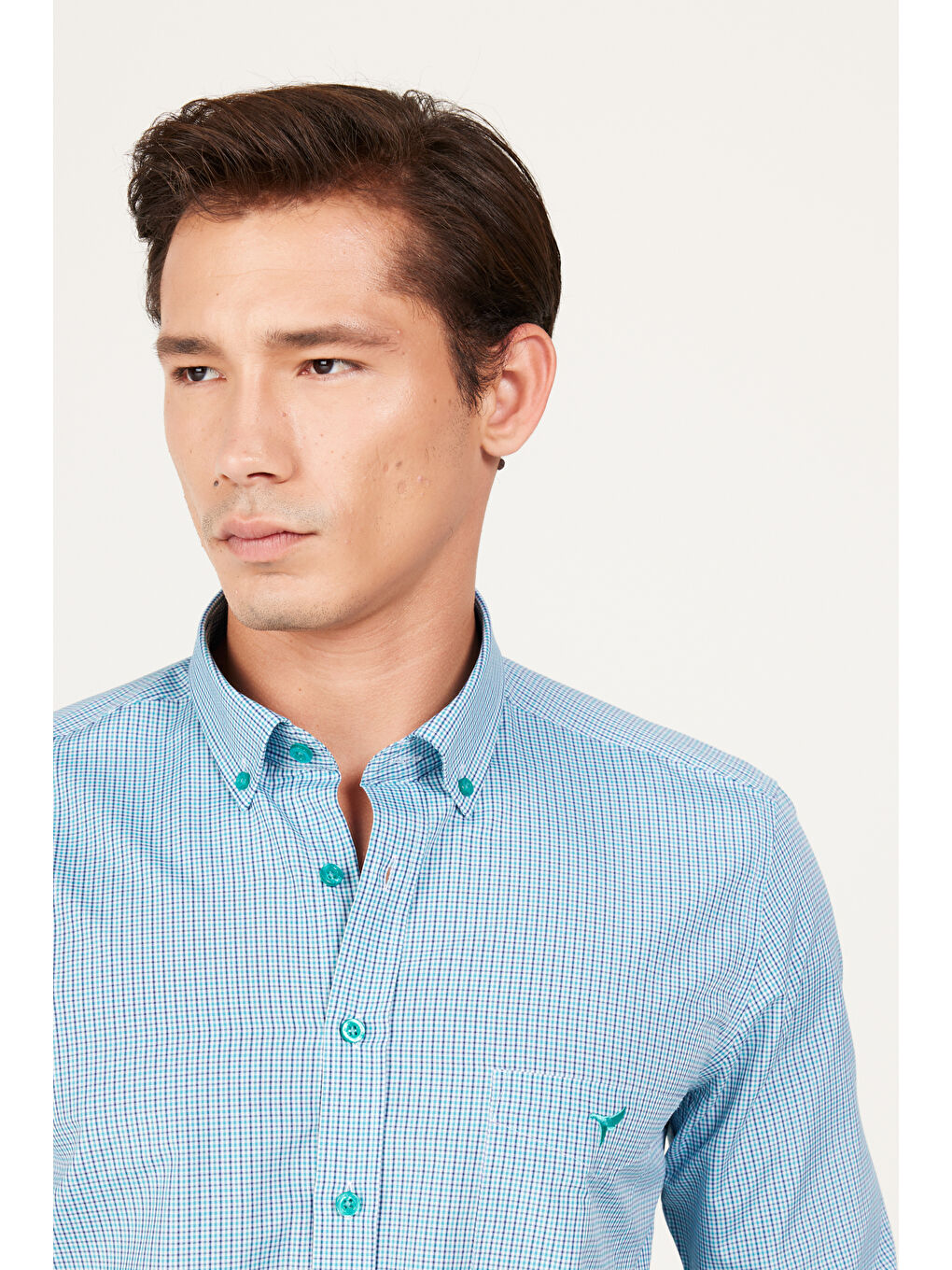 Erkek Lacivert-Yeşil Slim Fit Dar Kesim Düğmeli Yaka Logolu Cepli Pamuklu Çizgili Gömlek-3