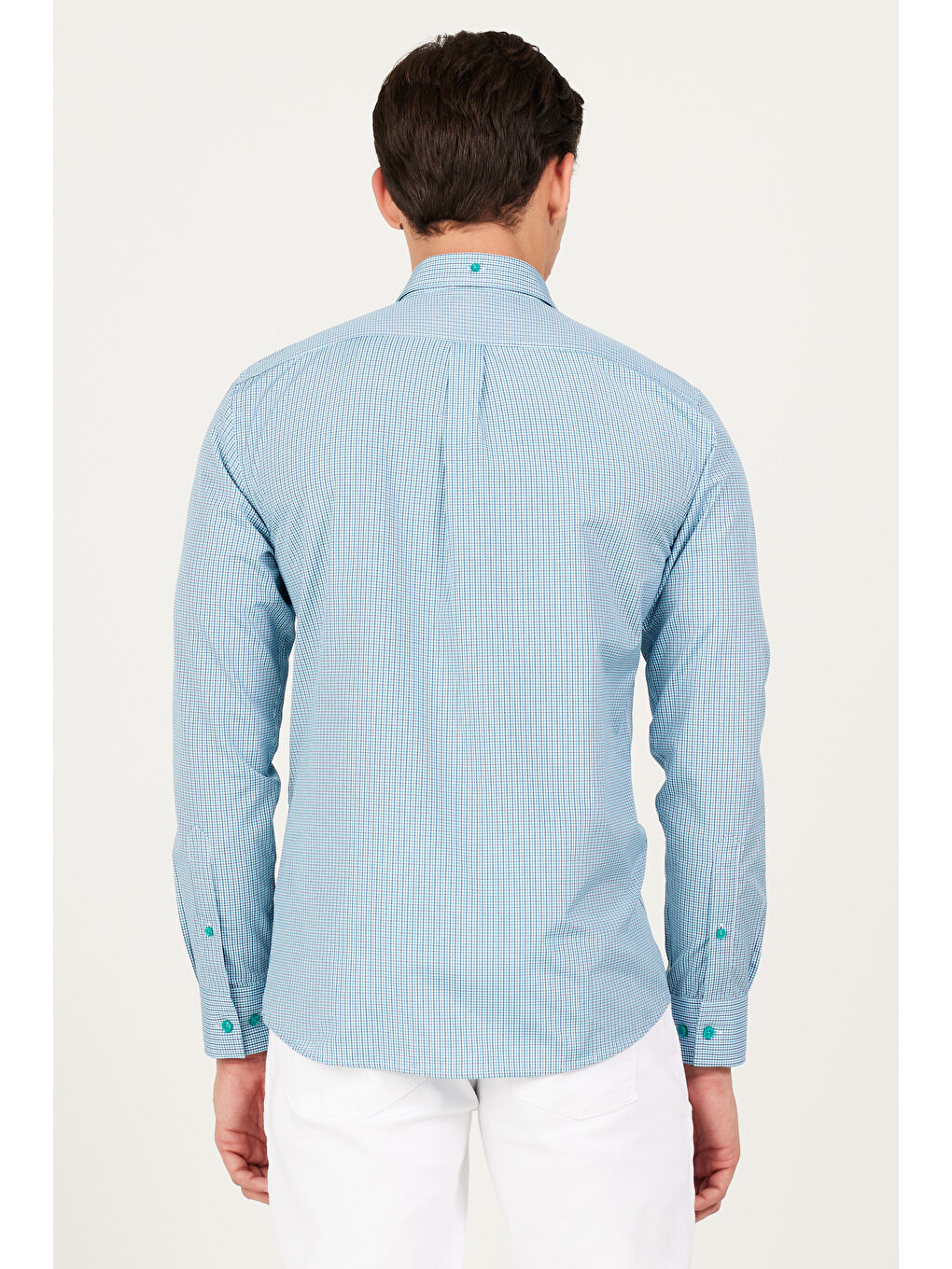 Erkek Lacivert-Yeşil Slim Fit Dar Kesim Düğmeli Yaka Logolu Cepli Pamuklu Çizgili Gömlek-5